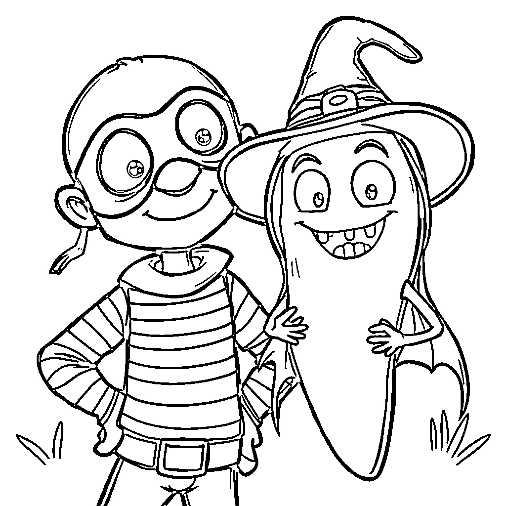 Bandit and Witch Duo Posing Happily Coloring Page (free black-and-white line drawing printable PDF for all, from beginners to advanced learners, including children, teens, adults, and seniors)