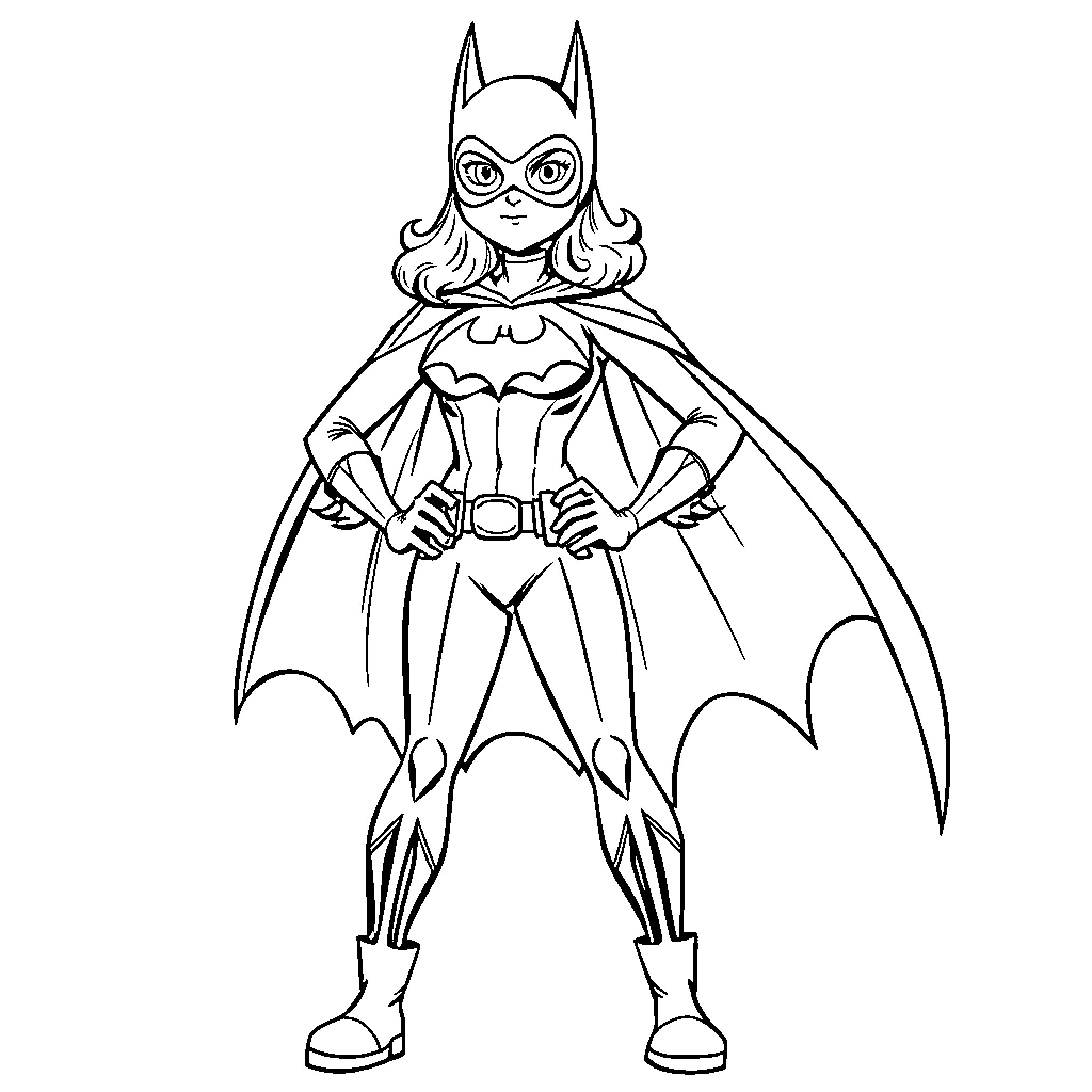 Batgirl in confident superhero pose Coloring Page (free black-and-white line drawing printable PDF for all, from beginners to advanced learners, including children, teens, adults, and seniors)