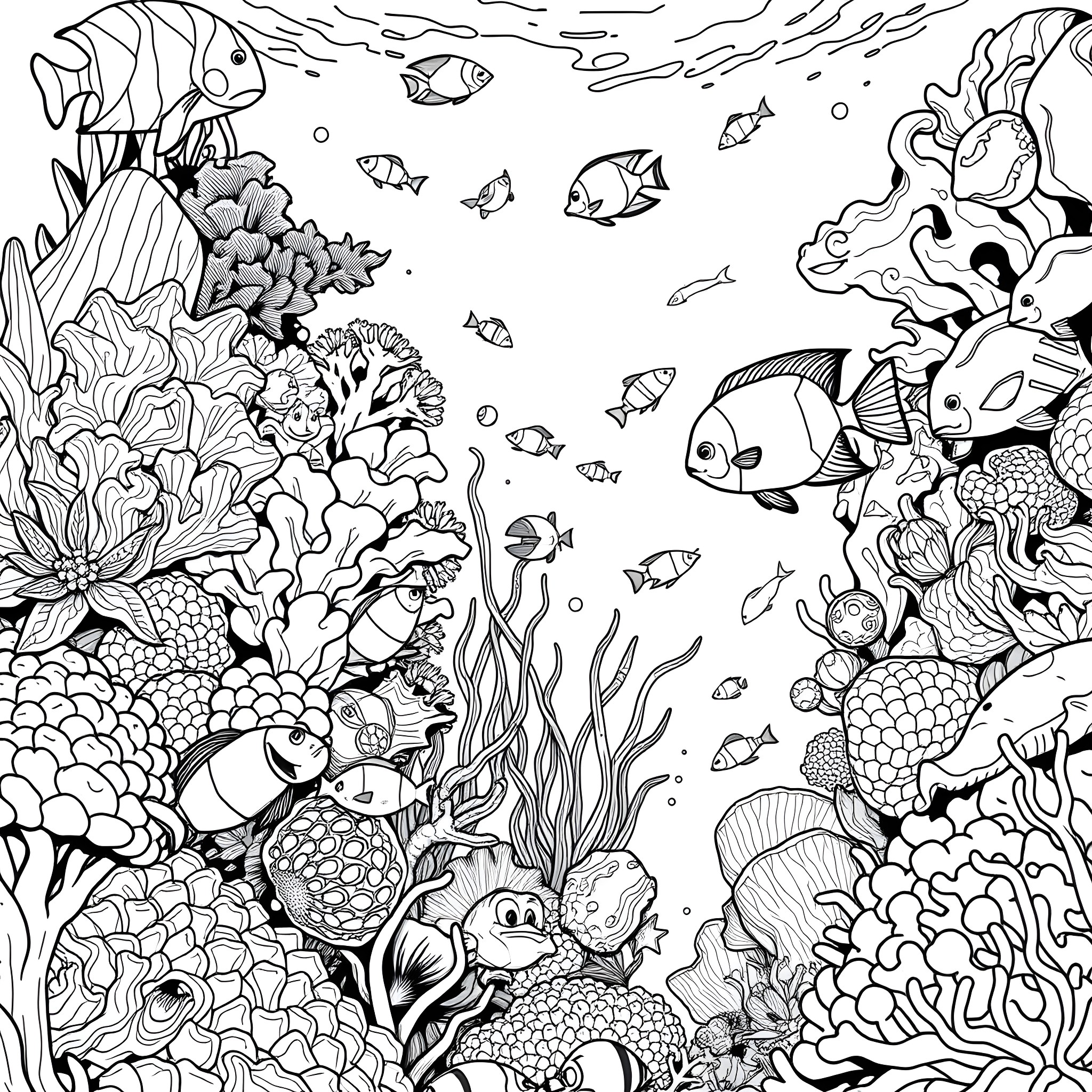 Fish swimming in vibrant coral reef Coloring Page (free black-and-white line drawing printable PDF for all, from beginners to advanced learners, including children, teens, adults, and seniors)