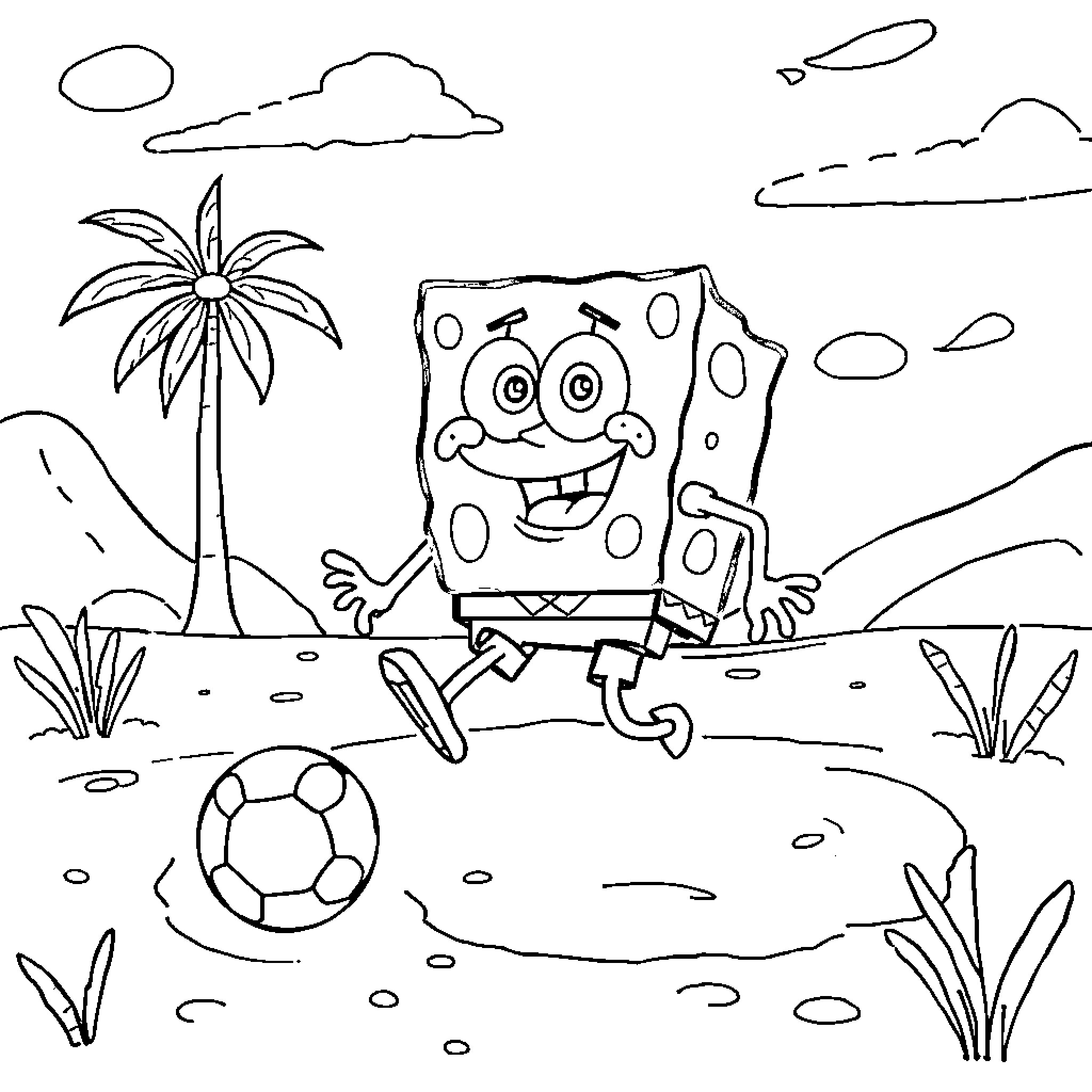 Bob esponja playing with a soccer ball on the beach Coloring Page (free black-and-white line drawing printable PDF for all, from beginners to advanced learners, including children, teens, adults, and seniors)