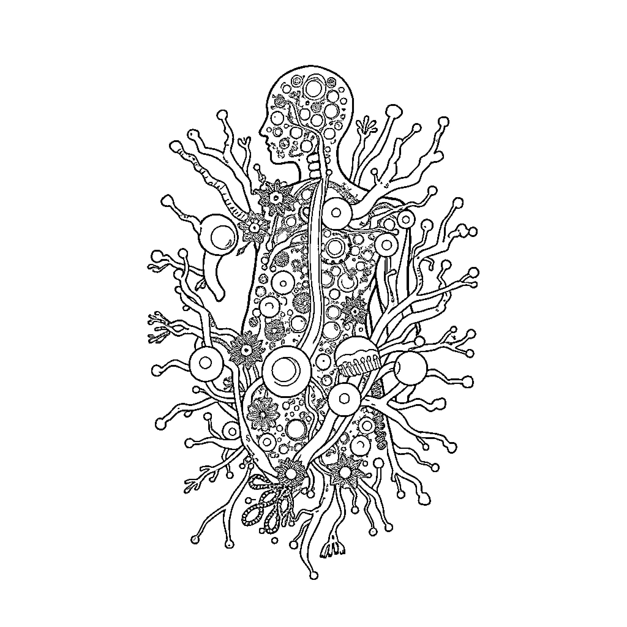 Microbiome Fantastical Exploration Coloring Page (free black-and-white line drawing printable PDF for all, from beginners to advanced learners, including children, teens, adults, and seniors)