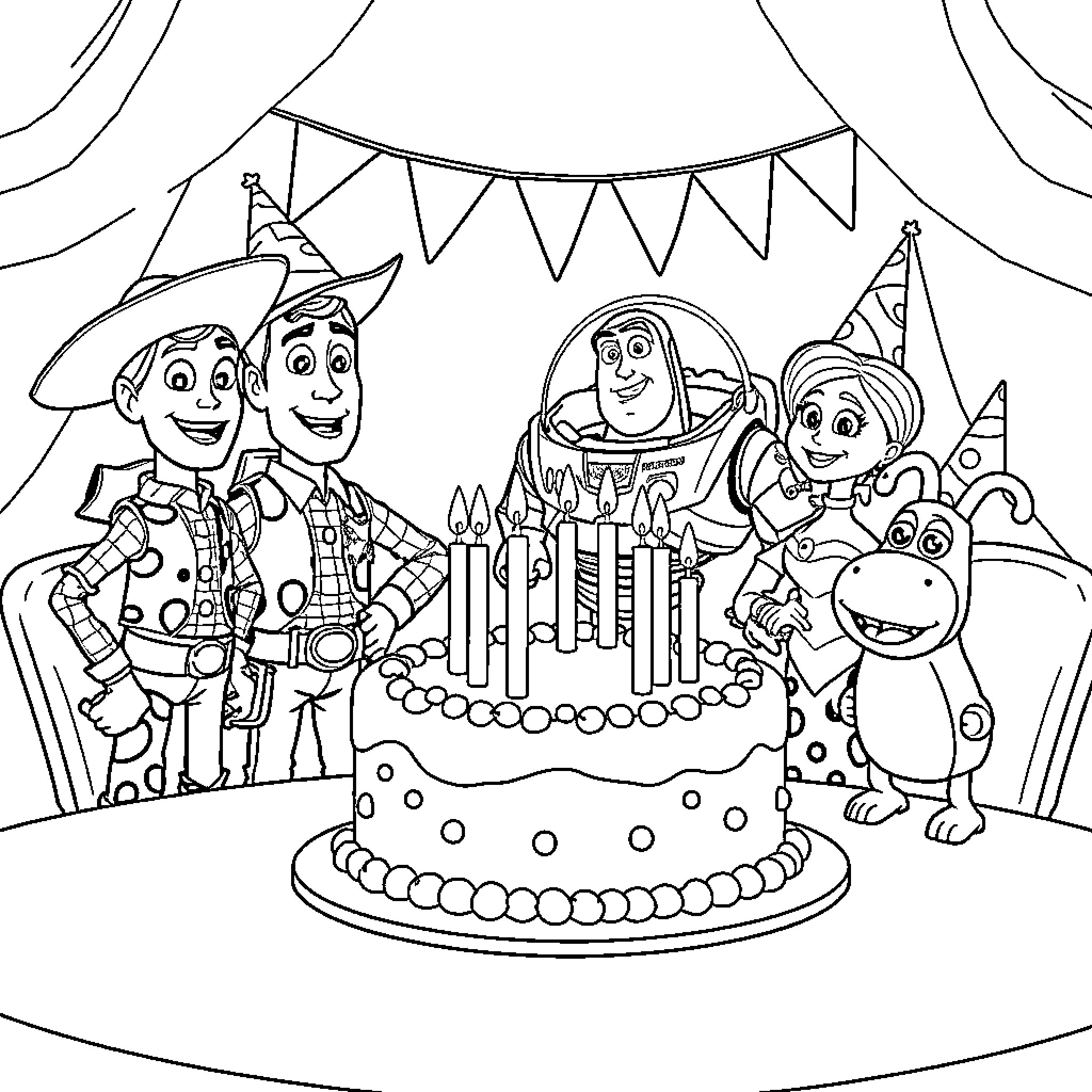 Toy characters celebrate a birthday party Coloring Page (free black-and-white line drawing printable PDF for all, from beginners to advanced learners, including children, teens, adults, and seniors)