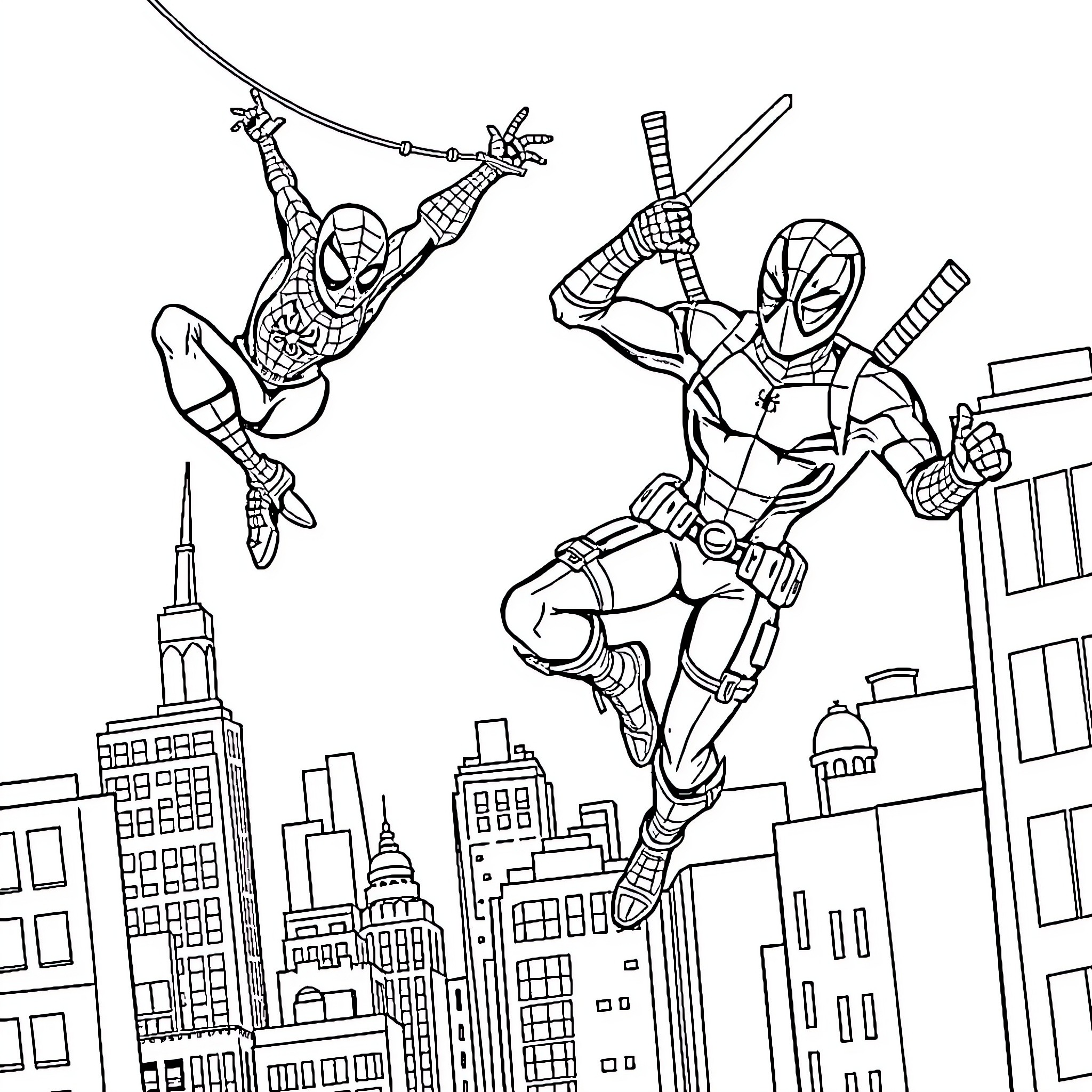 Spiderman heroes swinging through the city skyline Coloring Page (free black-and-white line drawing printable PDF for all, from beginners to advanced learners, including children, teens, adults, and seniors)