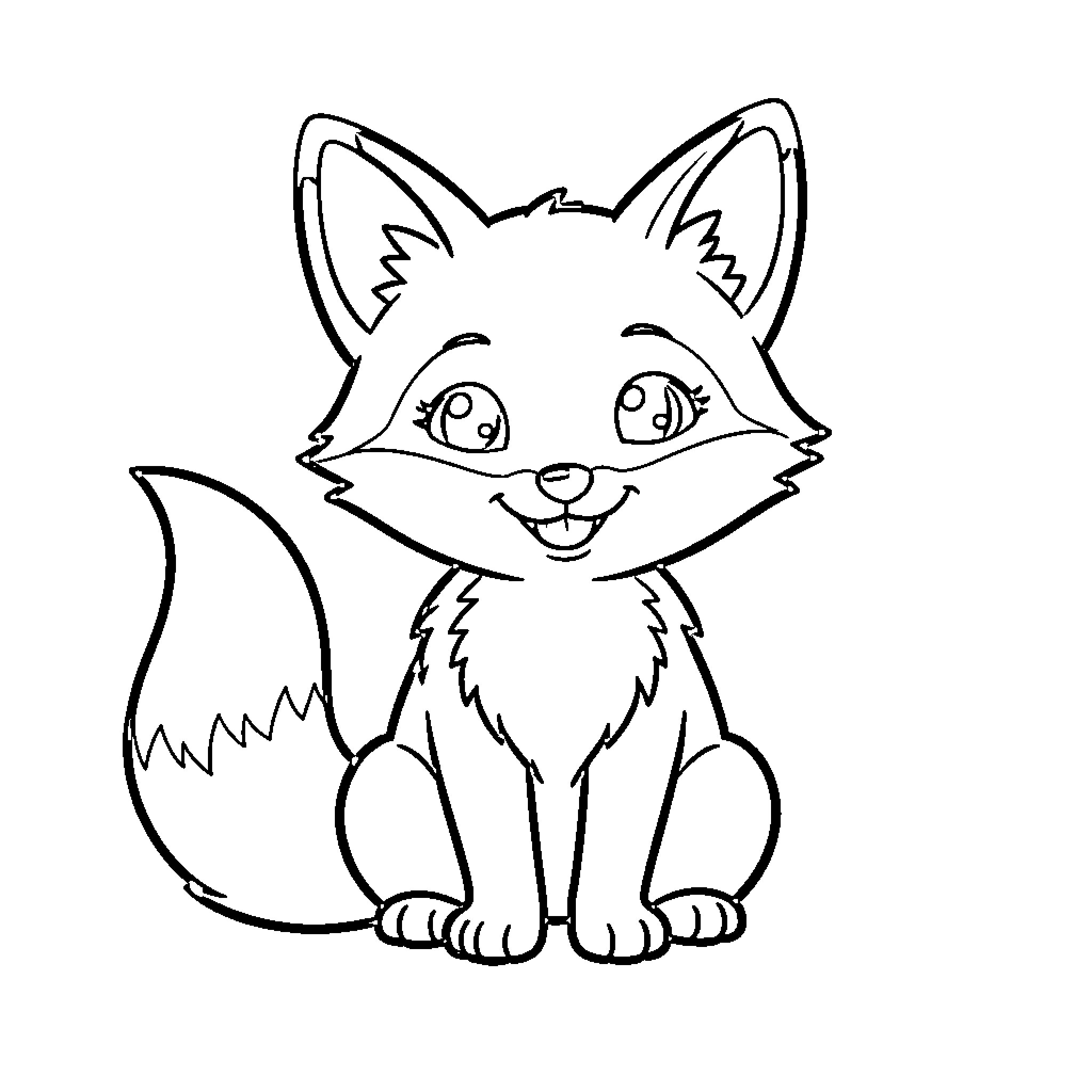 Fox smiling happily while sitting down Coloring Page (free black-and-white line drawing printable PDF for all, from beginners to advanced learners, including children, teens, adults, and seniors)