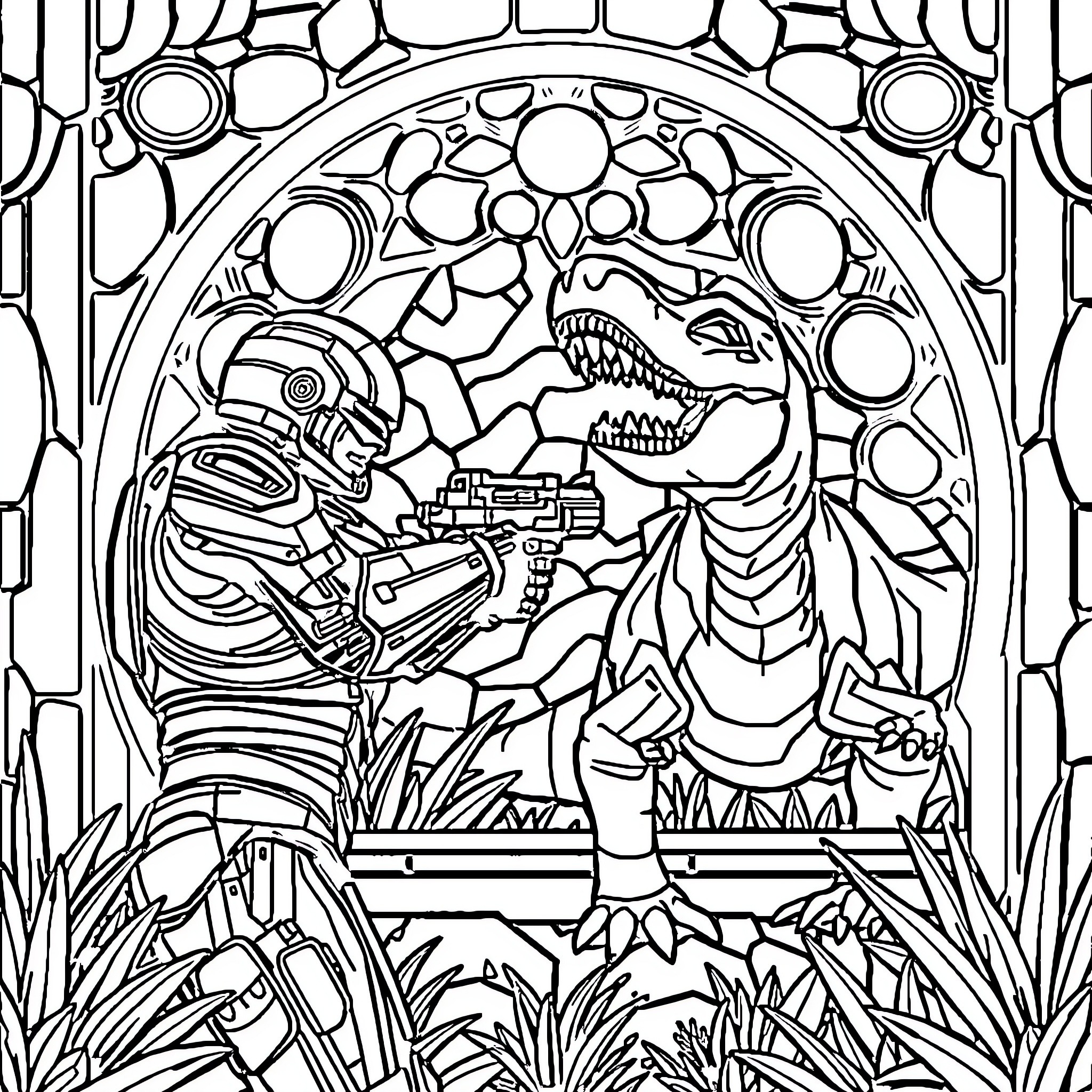Robocop confronts the Dinosaur in the Futuristic Landscape Coloring Page (free black-and-white line drawing printable PDF for all, from beginners to advanced learners, including children, teens, adults, and seniors)