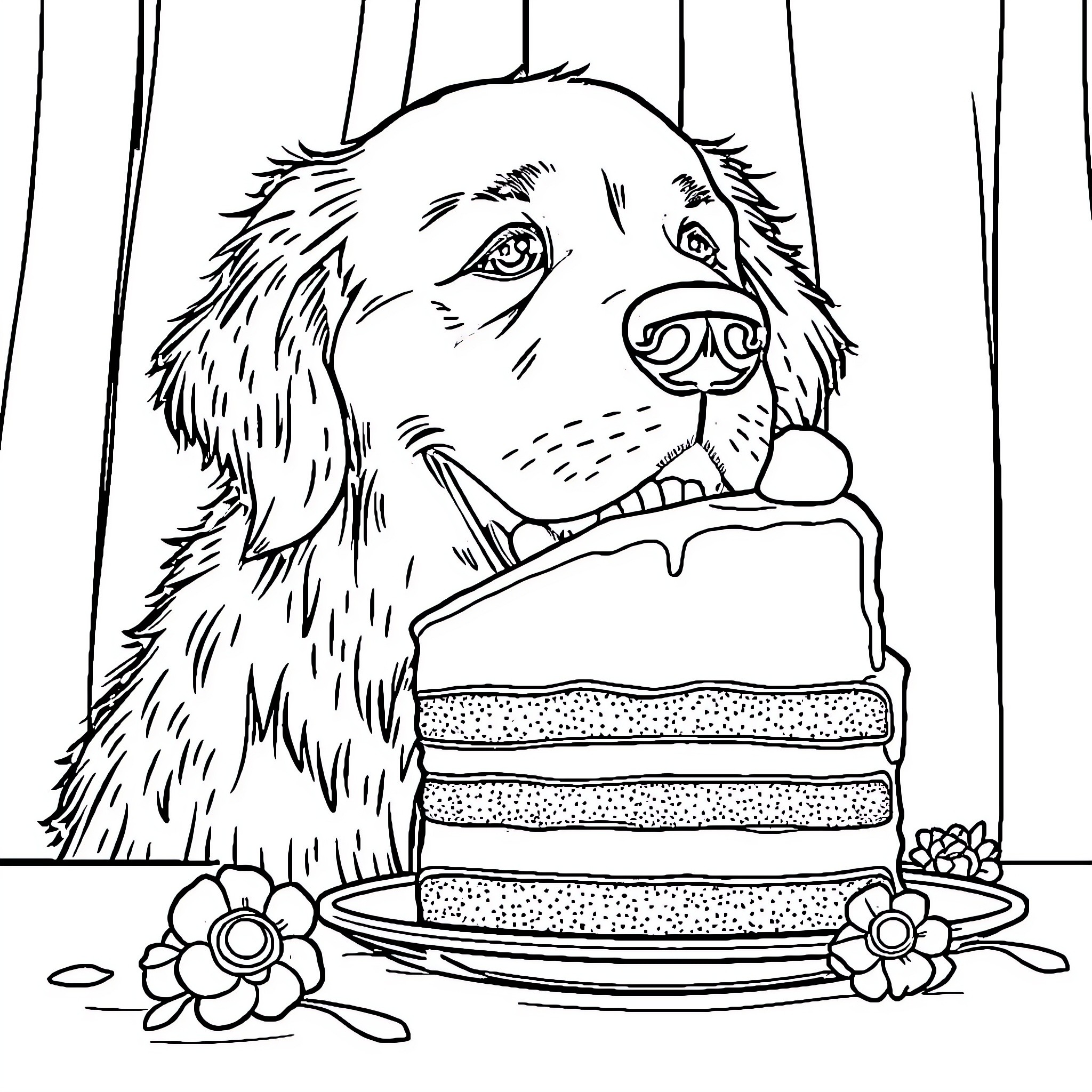 Golden Retriever enjoying a delicious cake Coloring Page (free black-and-white line drawing printable PDF for all, from beginners to advanced learners, including children, teens, adults, and seniors)
