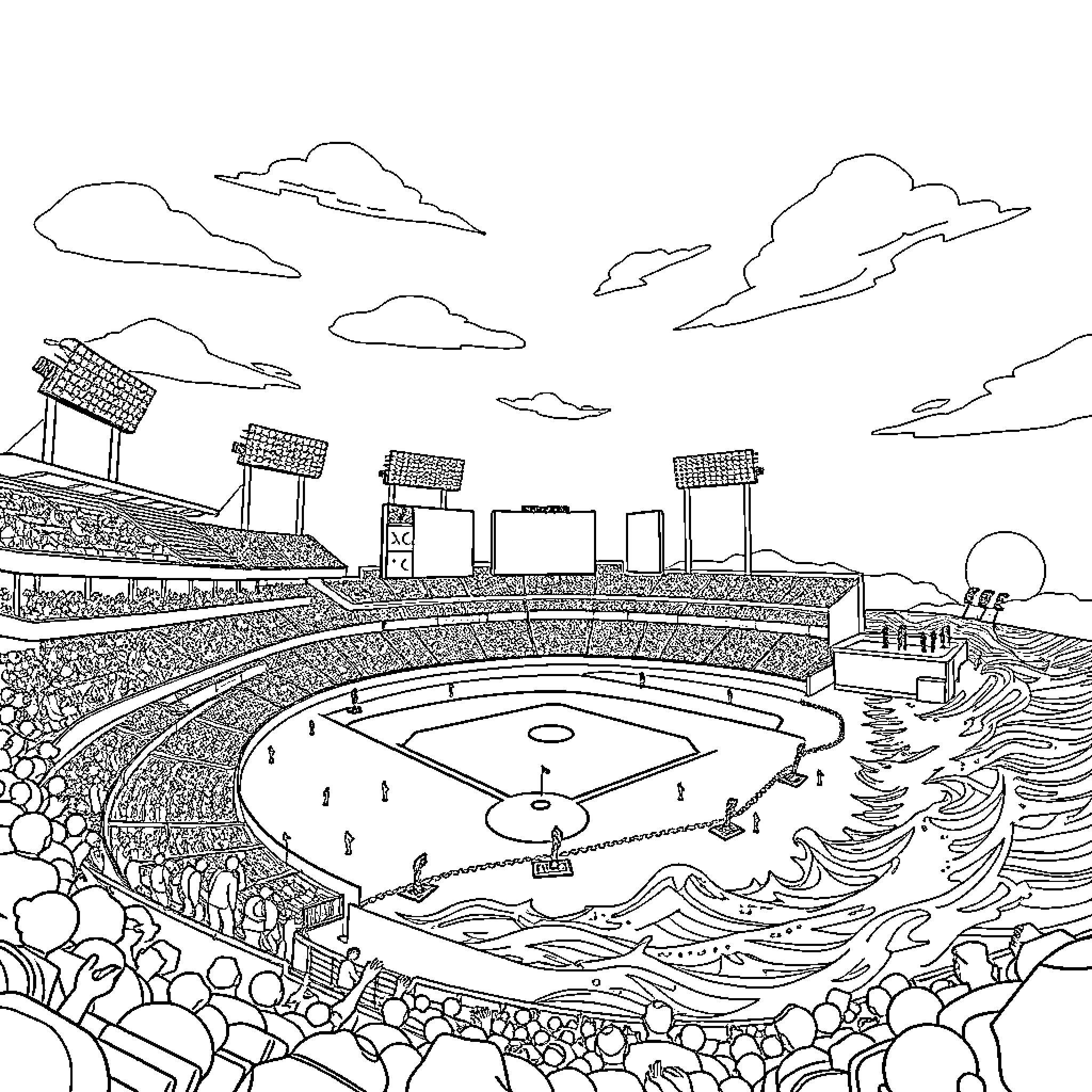 Baseball Stadium with Crowded Stands and Game in Progress Coloring Page (free black-and-white line drawing printable PDF for all, from beginners to advanced learners, including children, teens, adults, and seniors)