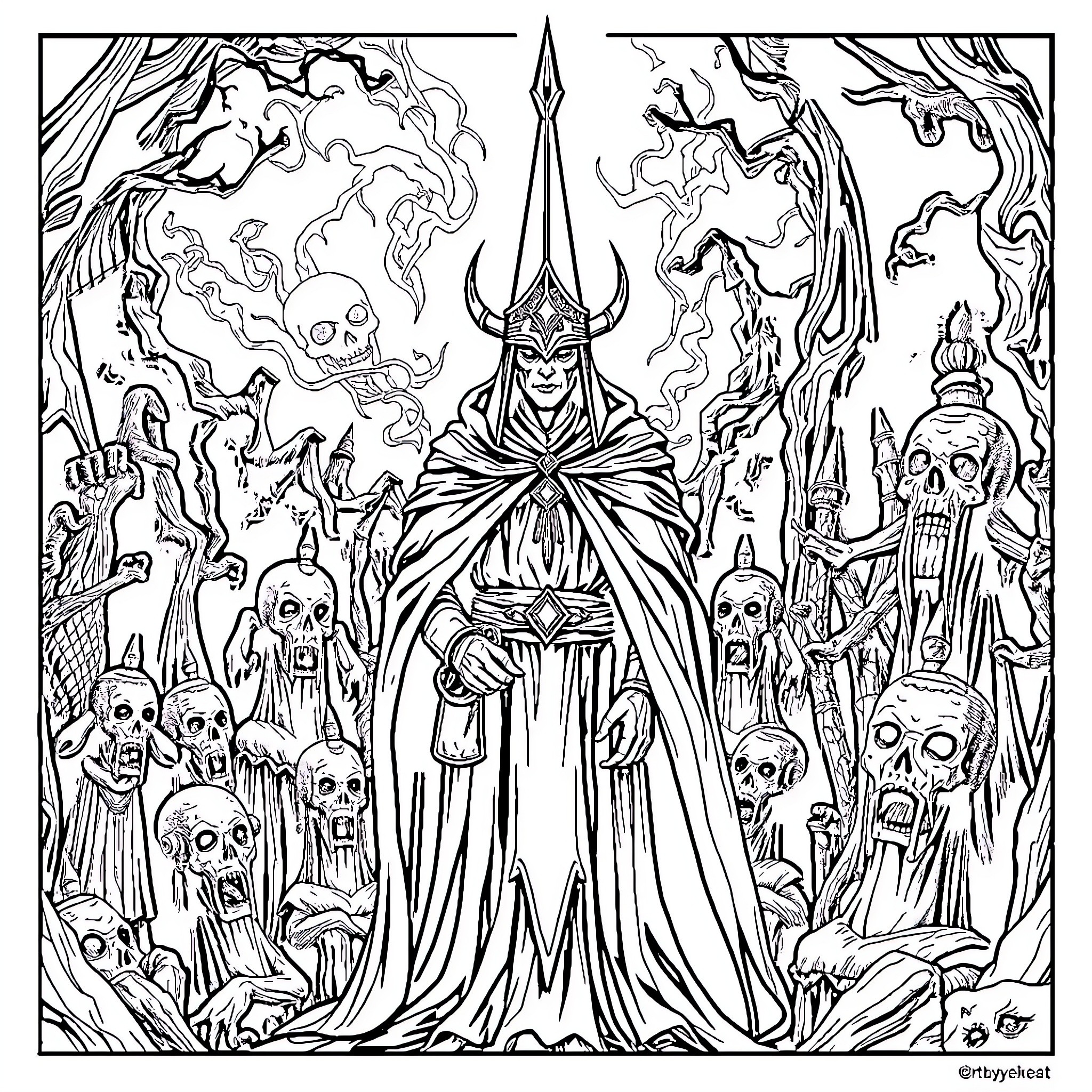 Penitent One amidst the Demonic Hordes Coloring Page (free black-and-white line drawing printable PDF for all, from beginners to advanced learners, including children, teens, adults, and seniors)