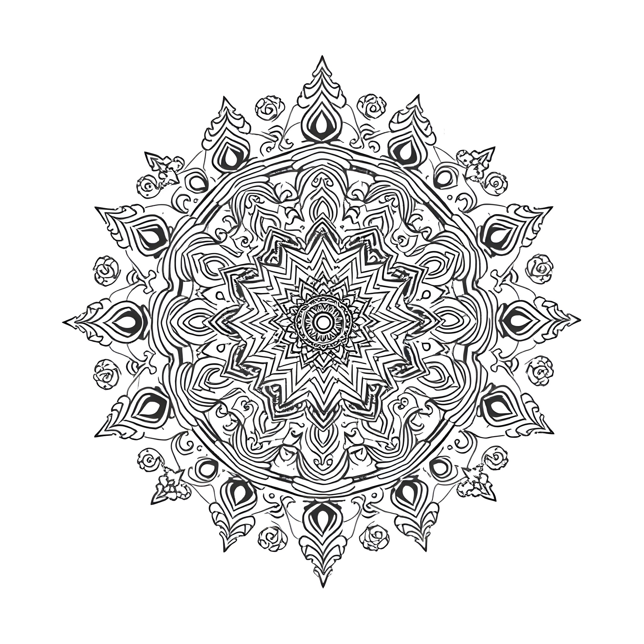 Mandala with intricate floral and geometric patterns Coloring Page (free black-and-white line drawing printable PDF for all, from beginners to advanced learners, including children, teens, adults, and seniors)