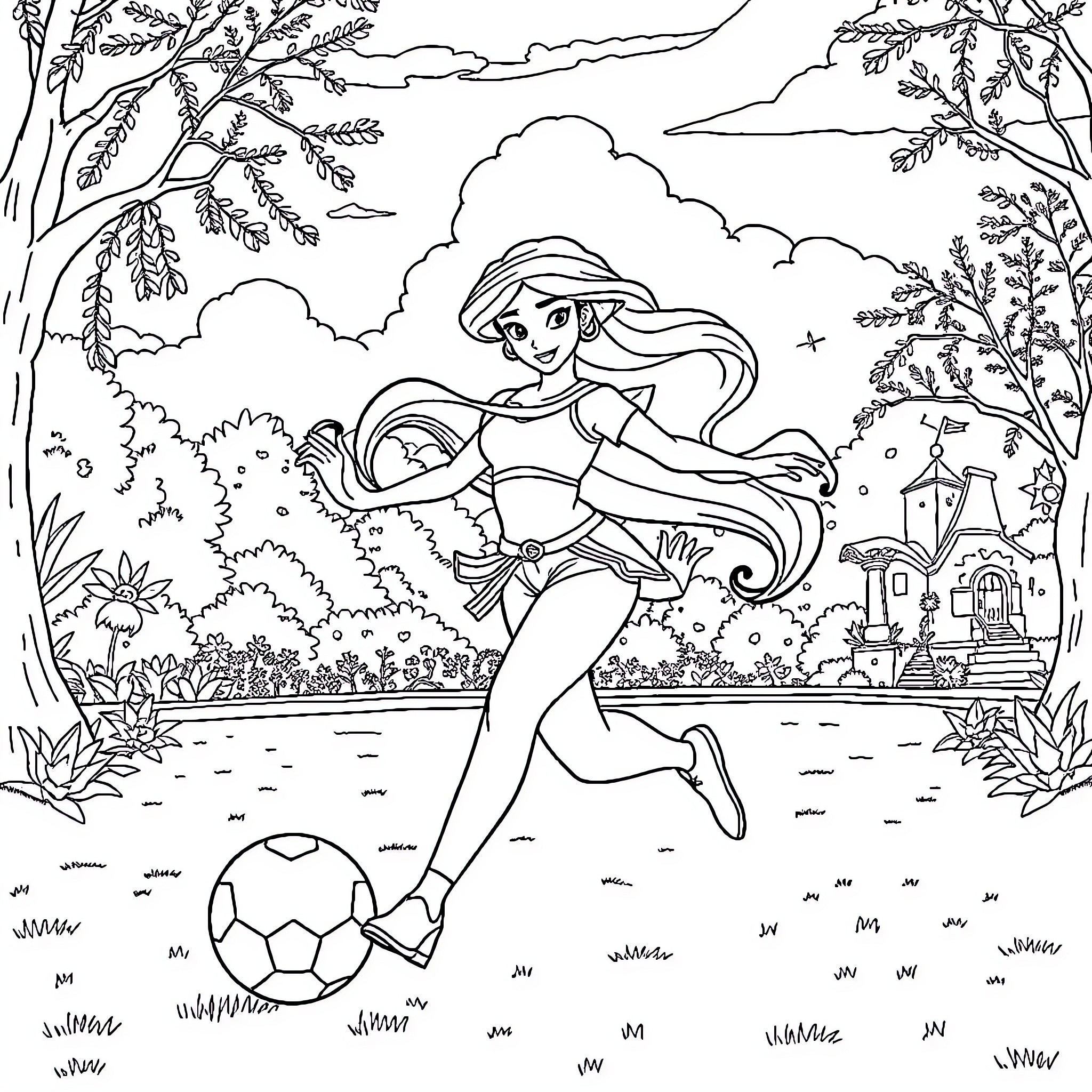 Princess Playing Soccer in Enchanted Forest Coloring Page (free black-and-white line drawing printable PDF for all, from beginners to advanced learners, including children, teens, adults, and seniors)