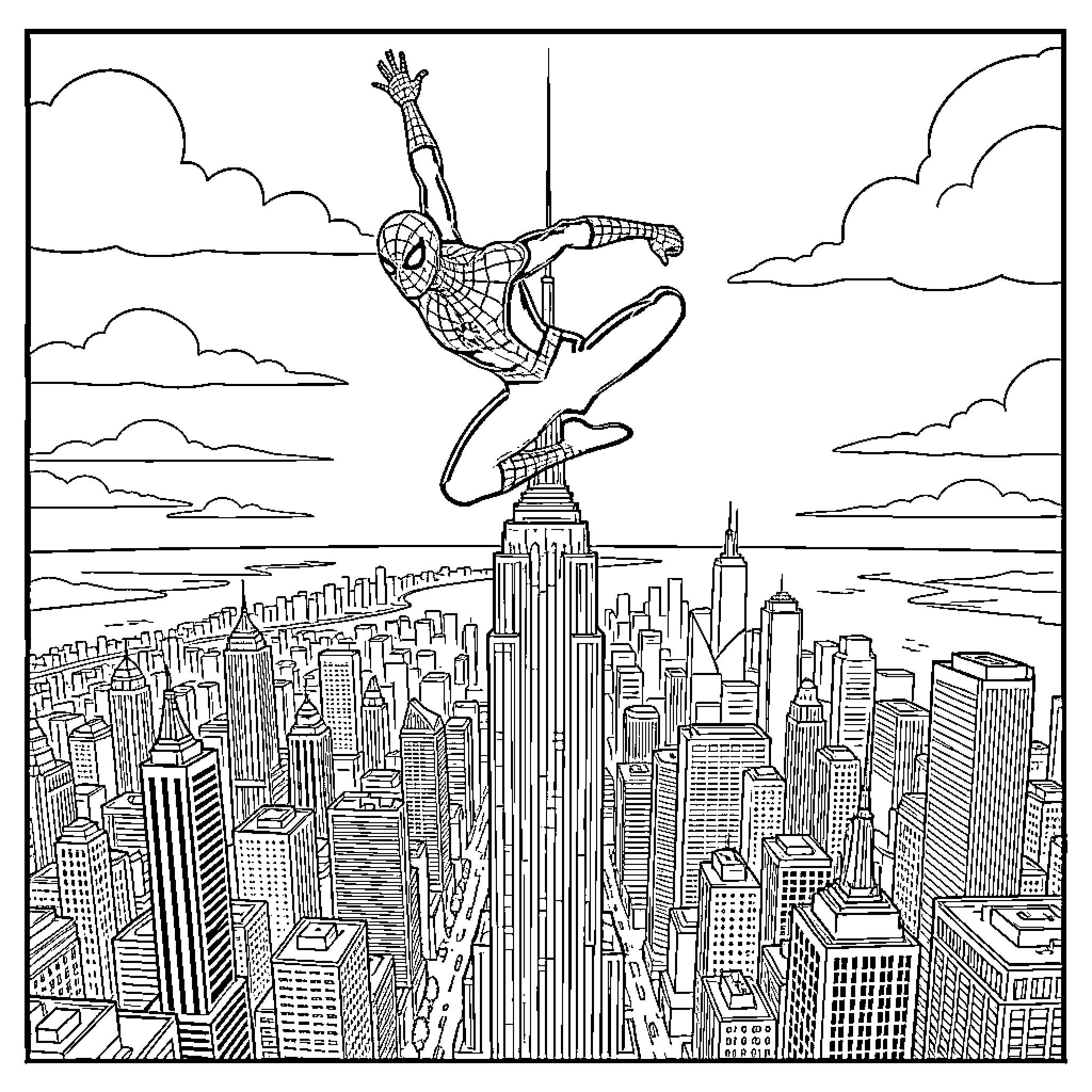 Spider-Man posing dynamically atop a skyscraper Coloring Page (free black-and-white line drawing printable PDF for all, from beginners to advanced learners, including children, teens, adults, and seniors)