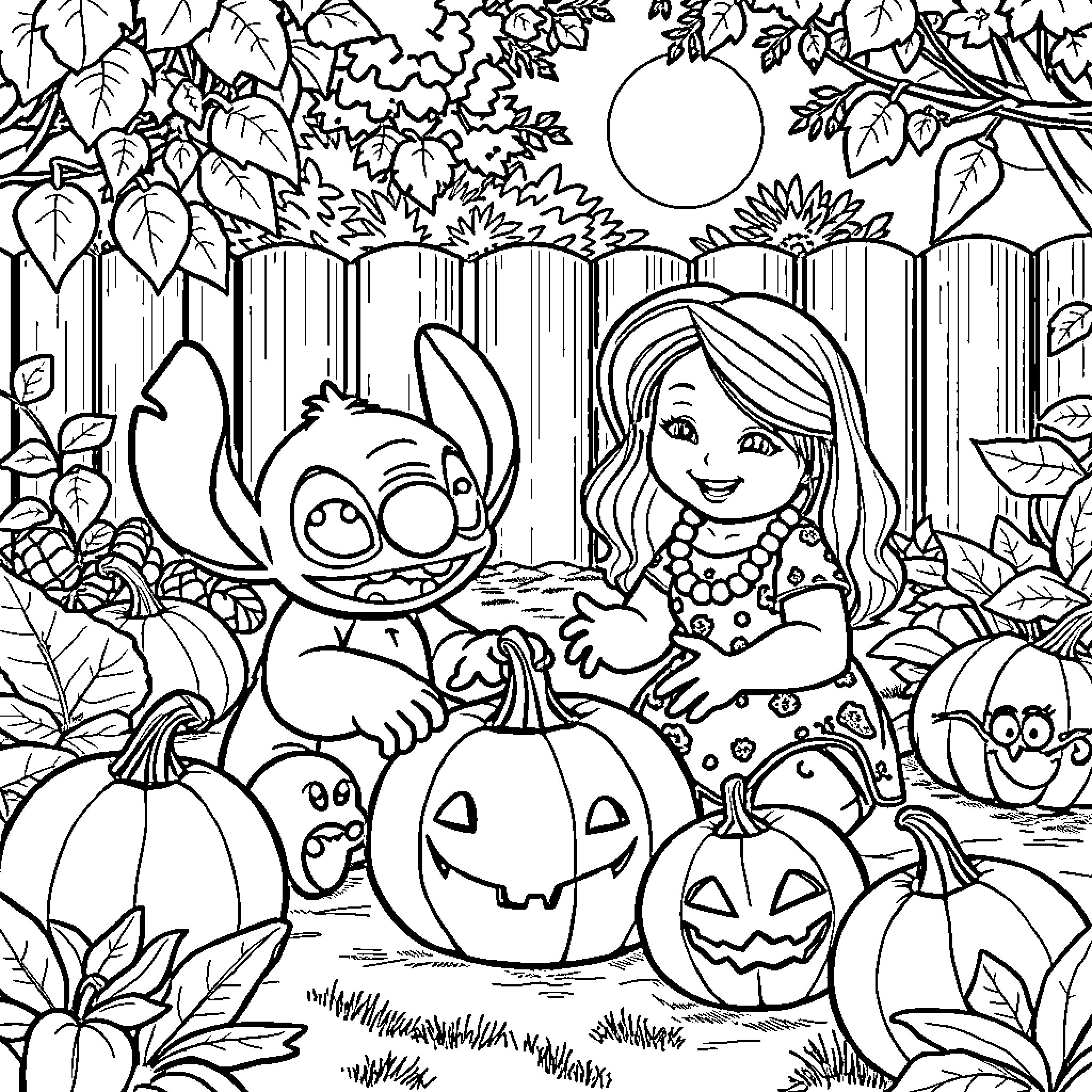 Lilo And Stitch explore a spooky Halloween garden Coloring Page (free black-and-white line drawing printable PDF for all, from beginners to advanced learners, including children, teens, adults, and seniors)