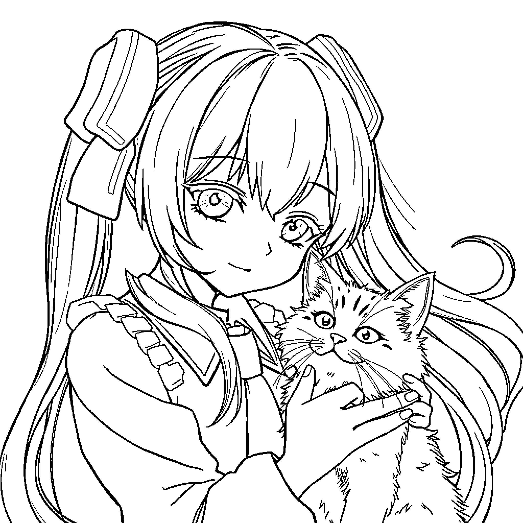Hatsune Miku playing with a kitten Coloring Page (free black-and-white line drawing printable PDF for all, from beginners to advanced learners, including children, teens, adults, and seniors)