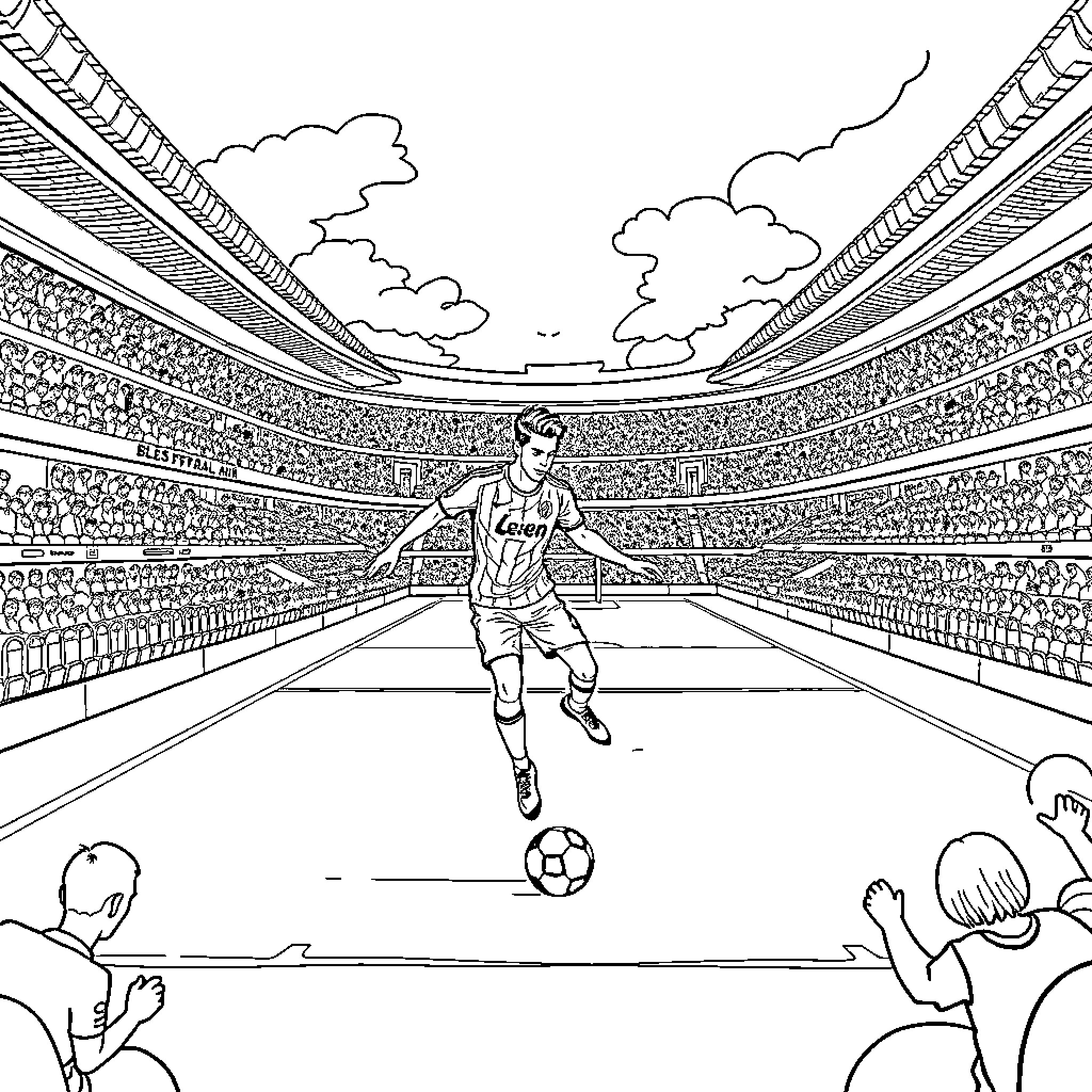 Neymar scoring a goal in the stadium Coloring Page (free black-and-white line drawing printable PDF for all, from beginners to advanced learners, including children, teens, adults, and seniors)