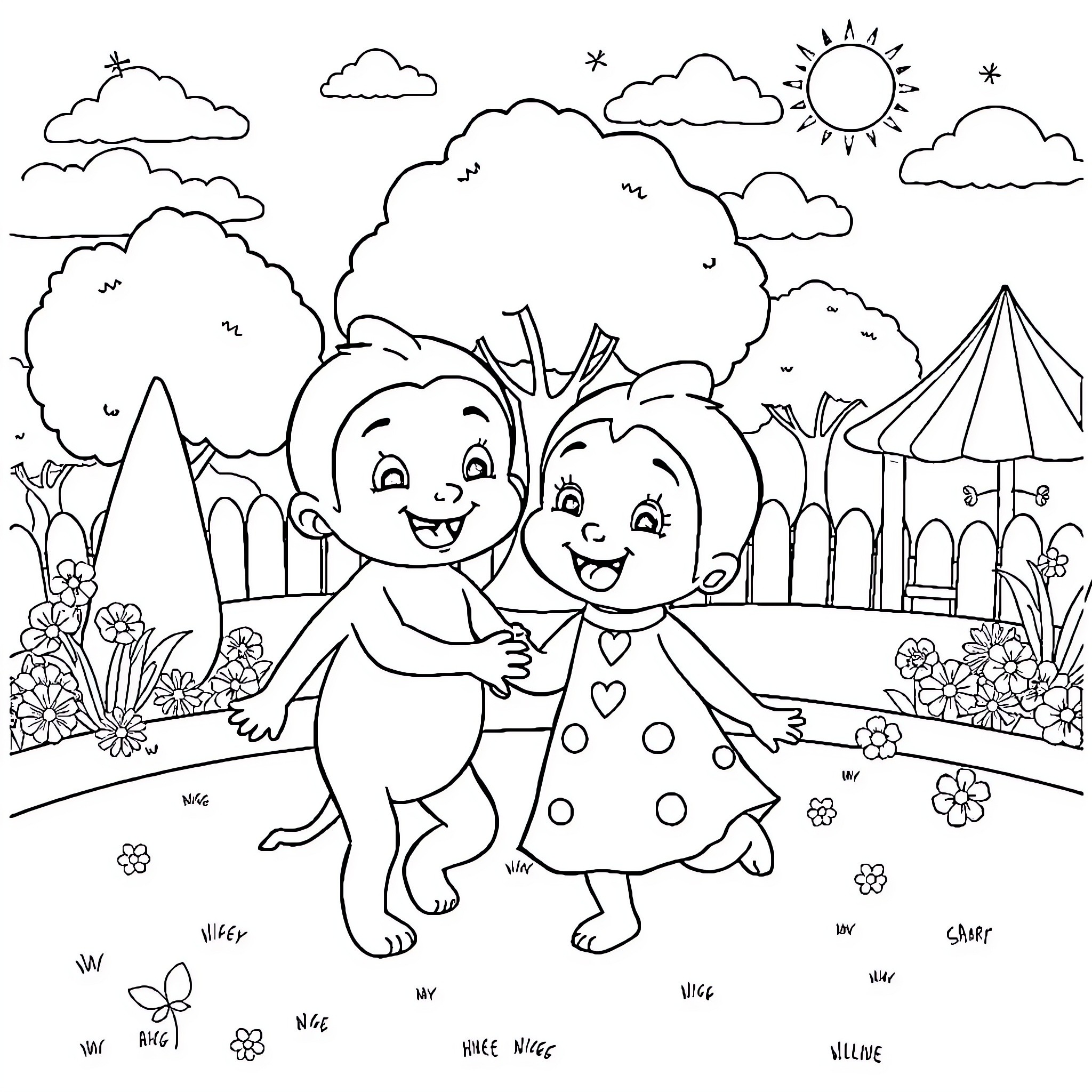 Bubu y Dudu playing happily in a colorful park Coloring Page (free black-and-white line drawing printable PDF for all, from beginners to advanced learners, including children, teens, adults, and seniors)