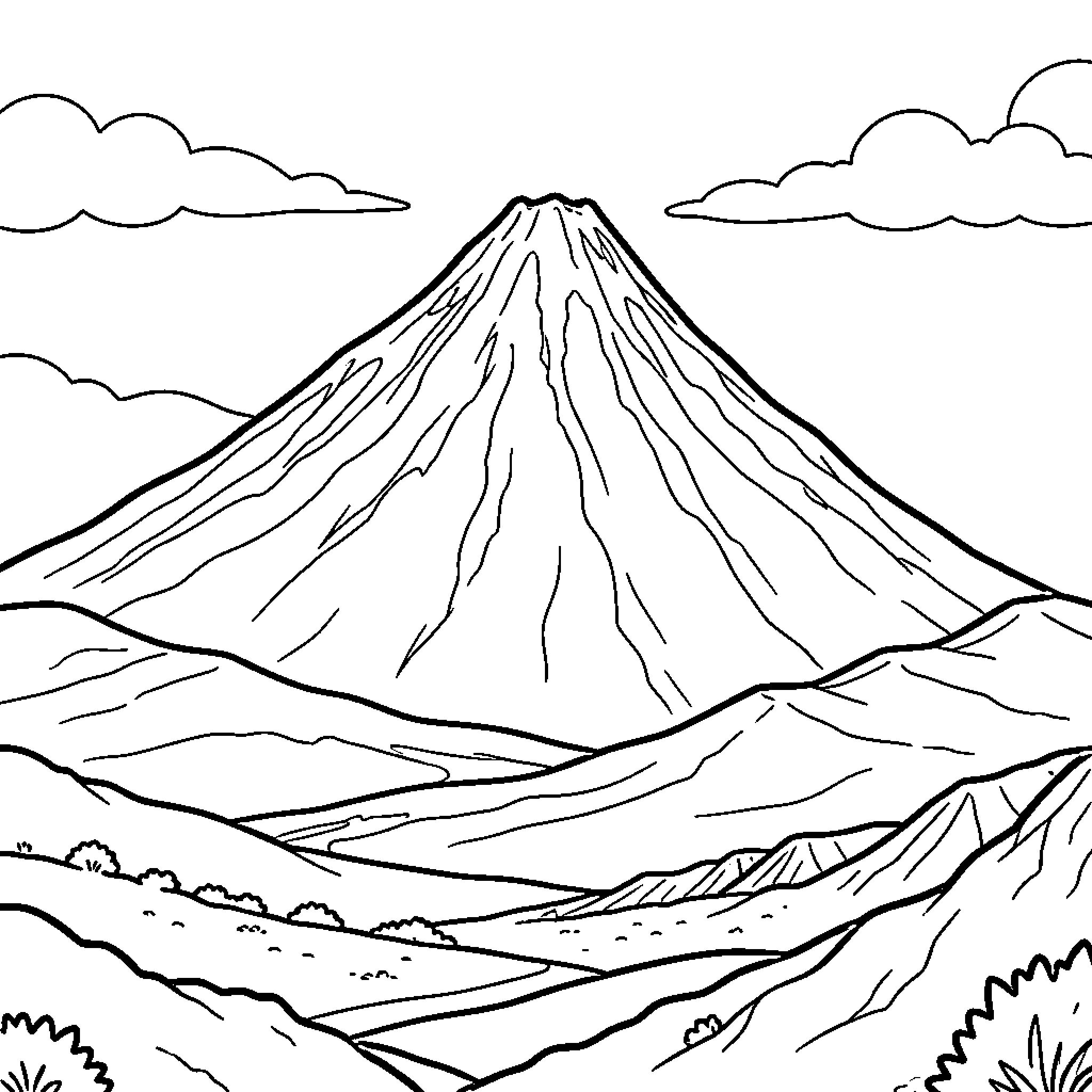 Teide mountain landscape with clouds Coloring Page (free black-and-white line drawing printable PDF for all, from beginners to advanced learners, including children, teens, adults, and seniors)