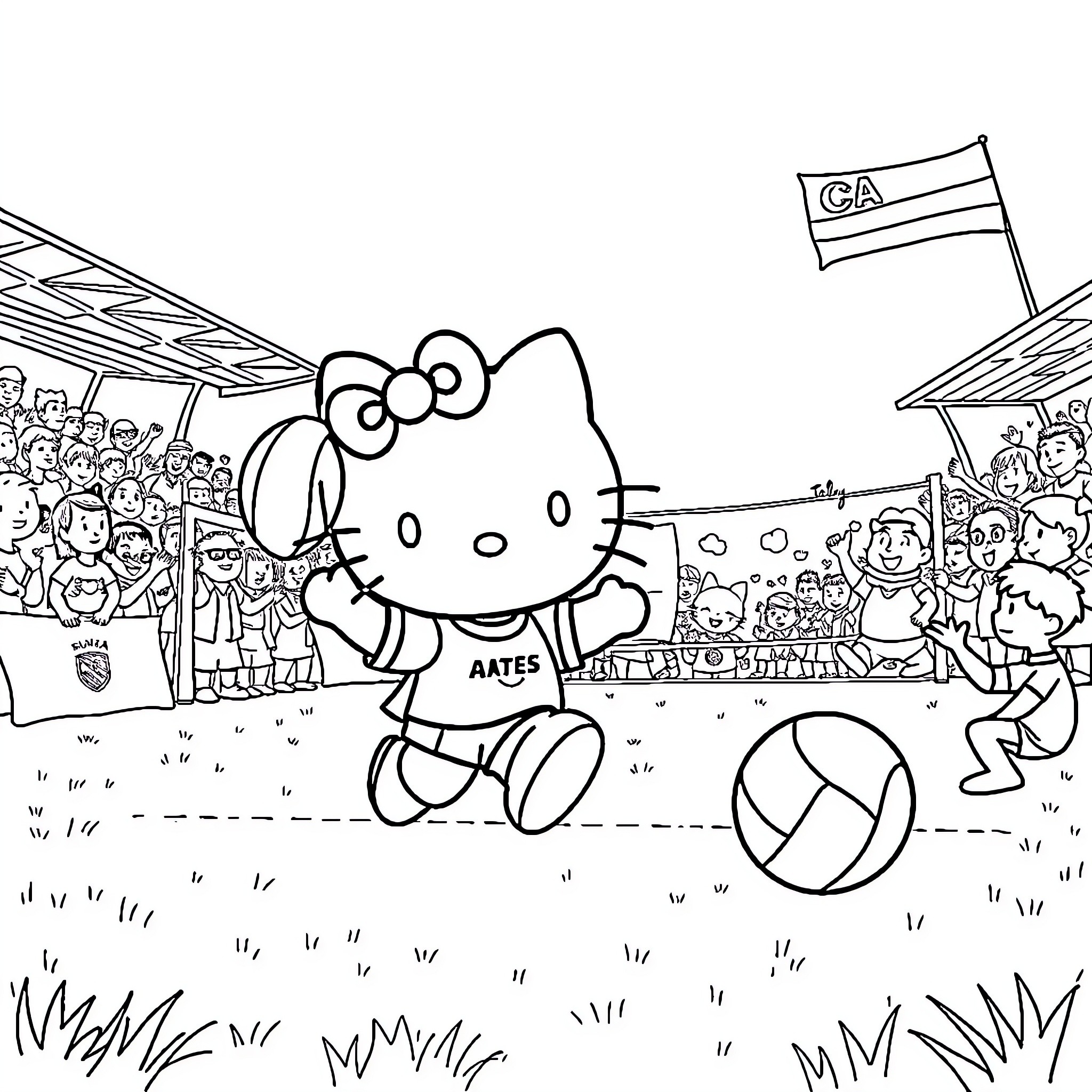 Hello Kitty enjoying a volleyball game with friends Coloring Page (free black-and-white line drawing printable PDF for all, from beginners to advanced learners, including children, teens, adults, and seniors)