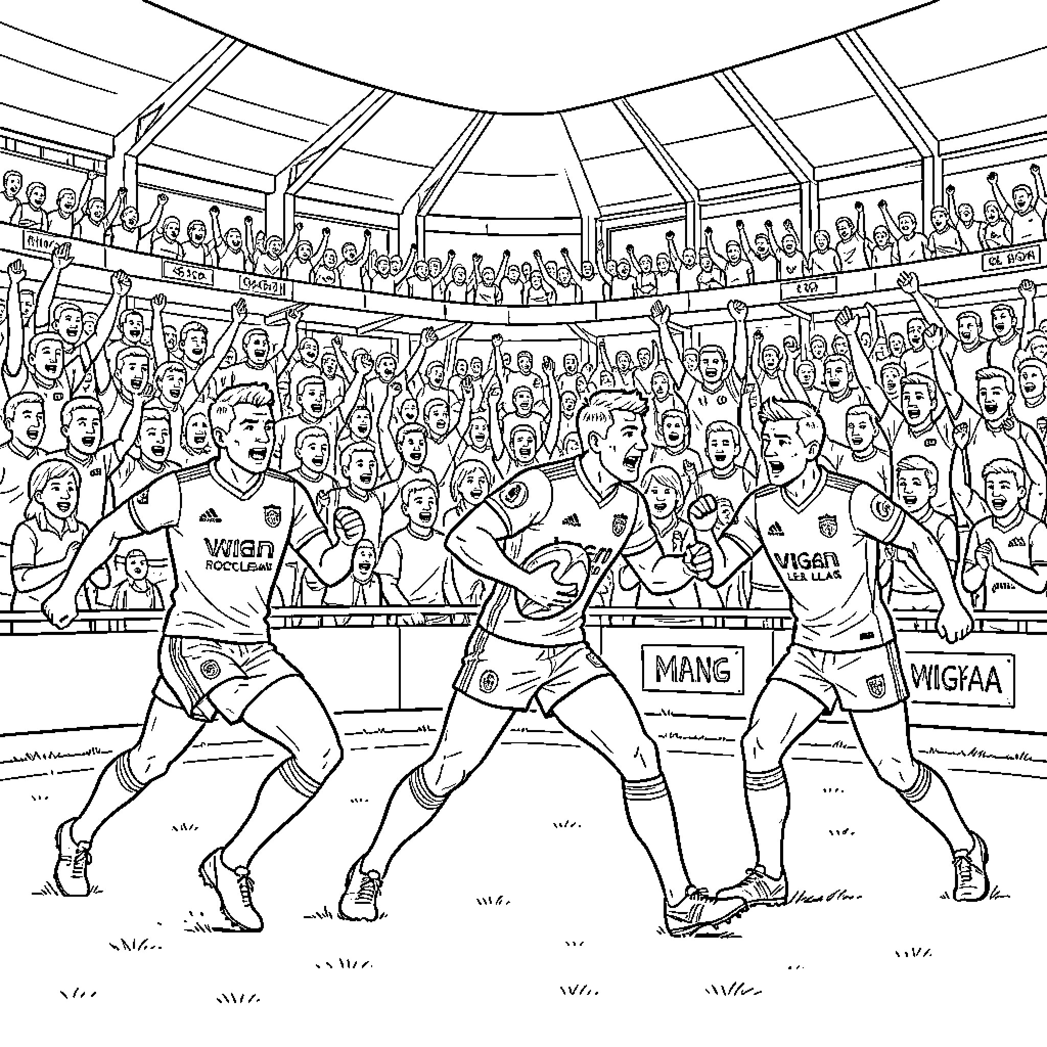 Wigan Rugby players celebrating a victory with cheering fans Coloring Page (free black-and-white line drawing printable PDF for all, from beginners to advanced learners, including children, teens, adults, and seniors)