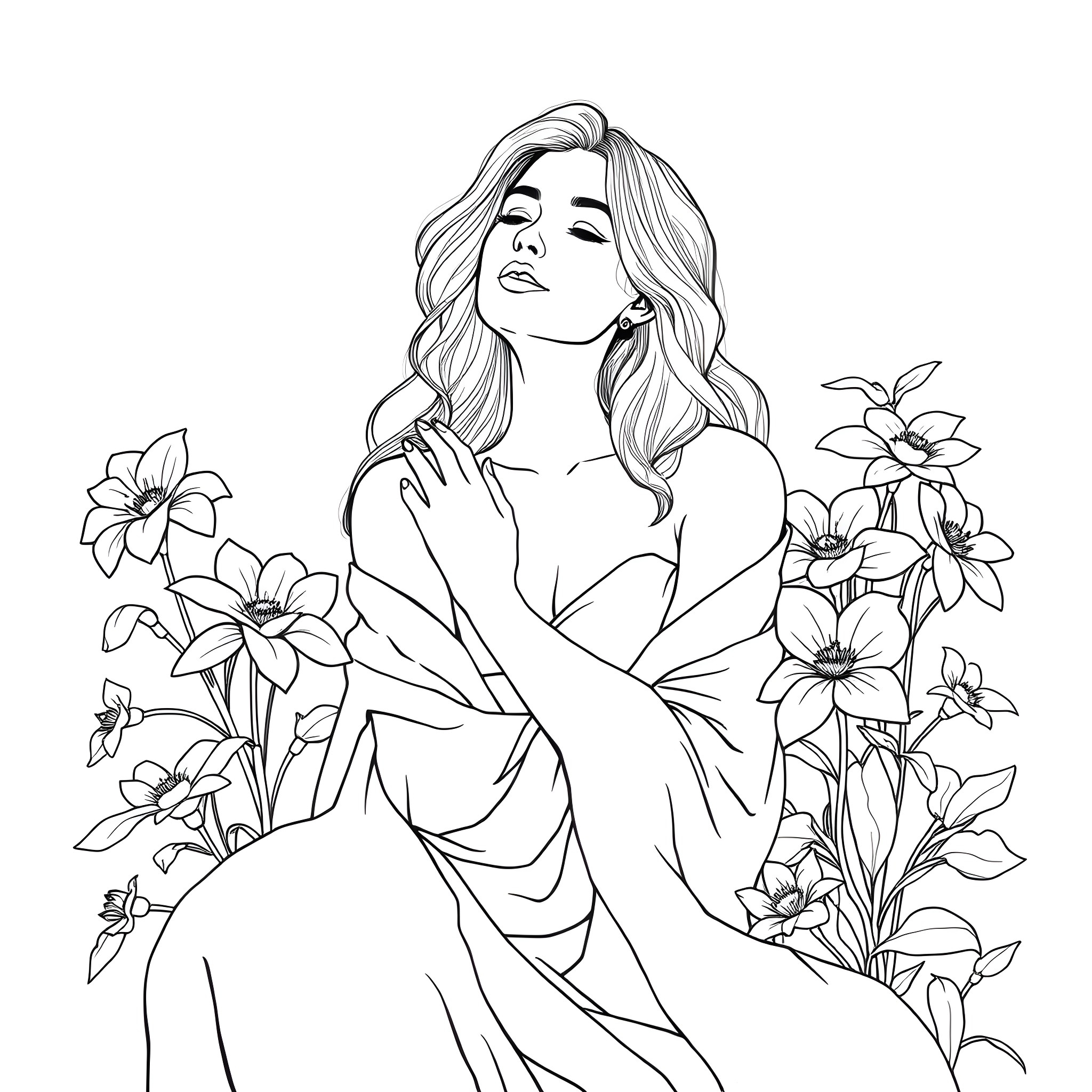 Woman in floral embrace Coloring Page (free black-and-white line drawing printable PDF for all, from beginners to advanced learners, including children, teens, adults, and seniors)