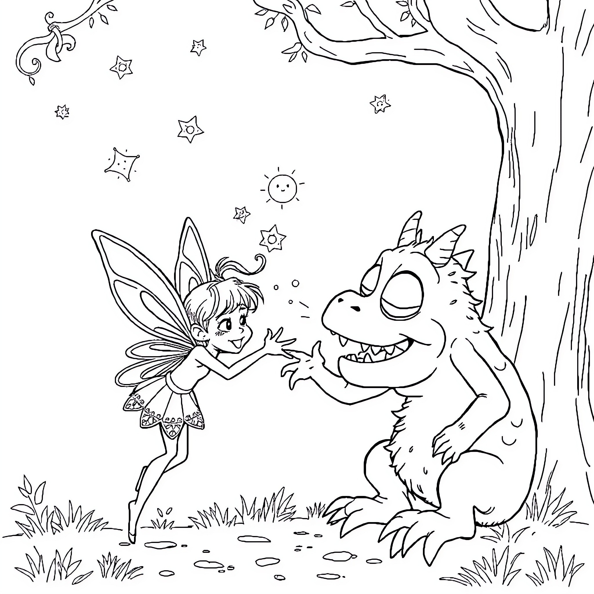 Fairy playing with enchanted creature in the forest Coloring Page (free black-and-white line drawing printable PDF for all, from beginners to advanced learners, including children, teens, adults, and seniors)