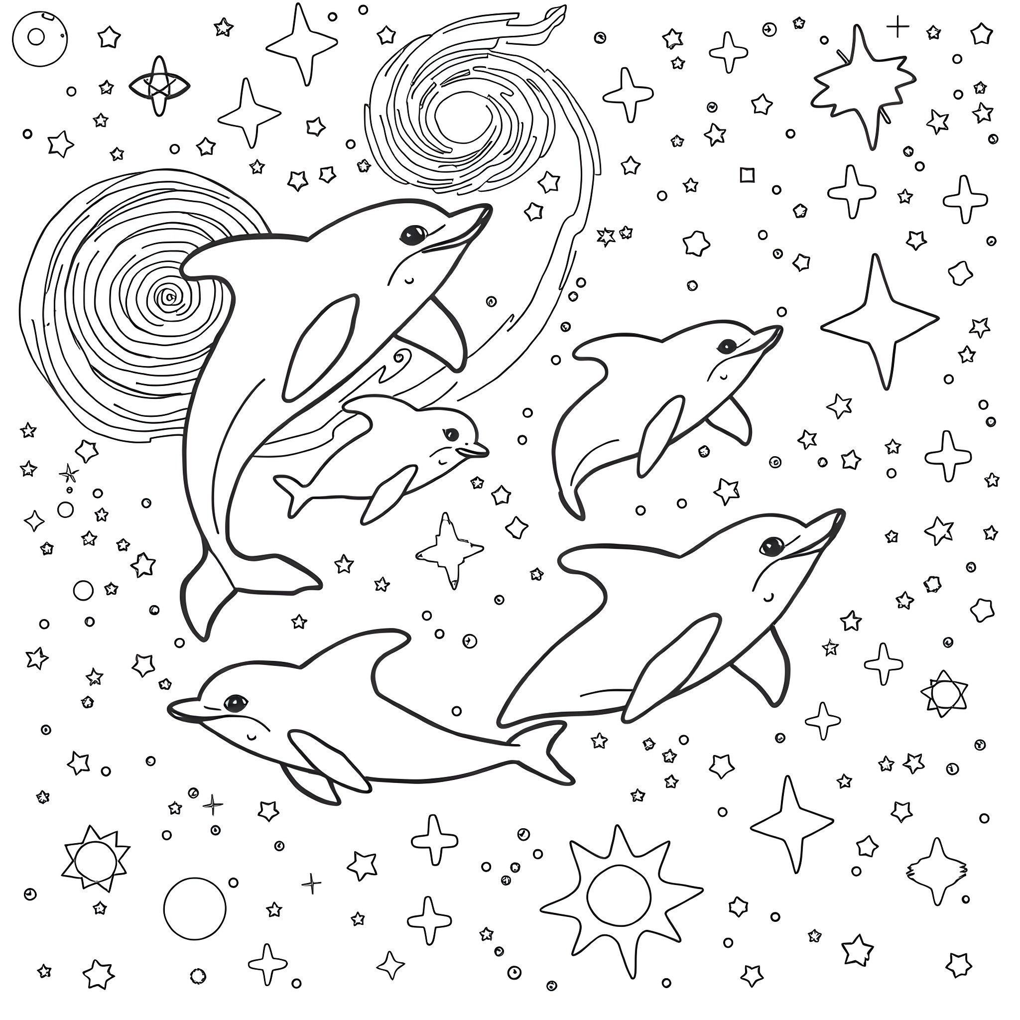 Dolphin swimming among the stars Coloring Page (free black-and-white line drawing printable PDF for all, from beginners to advanced learners, including children, teens, adults, and seniors)