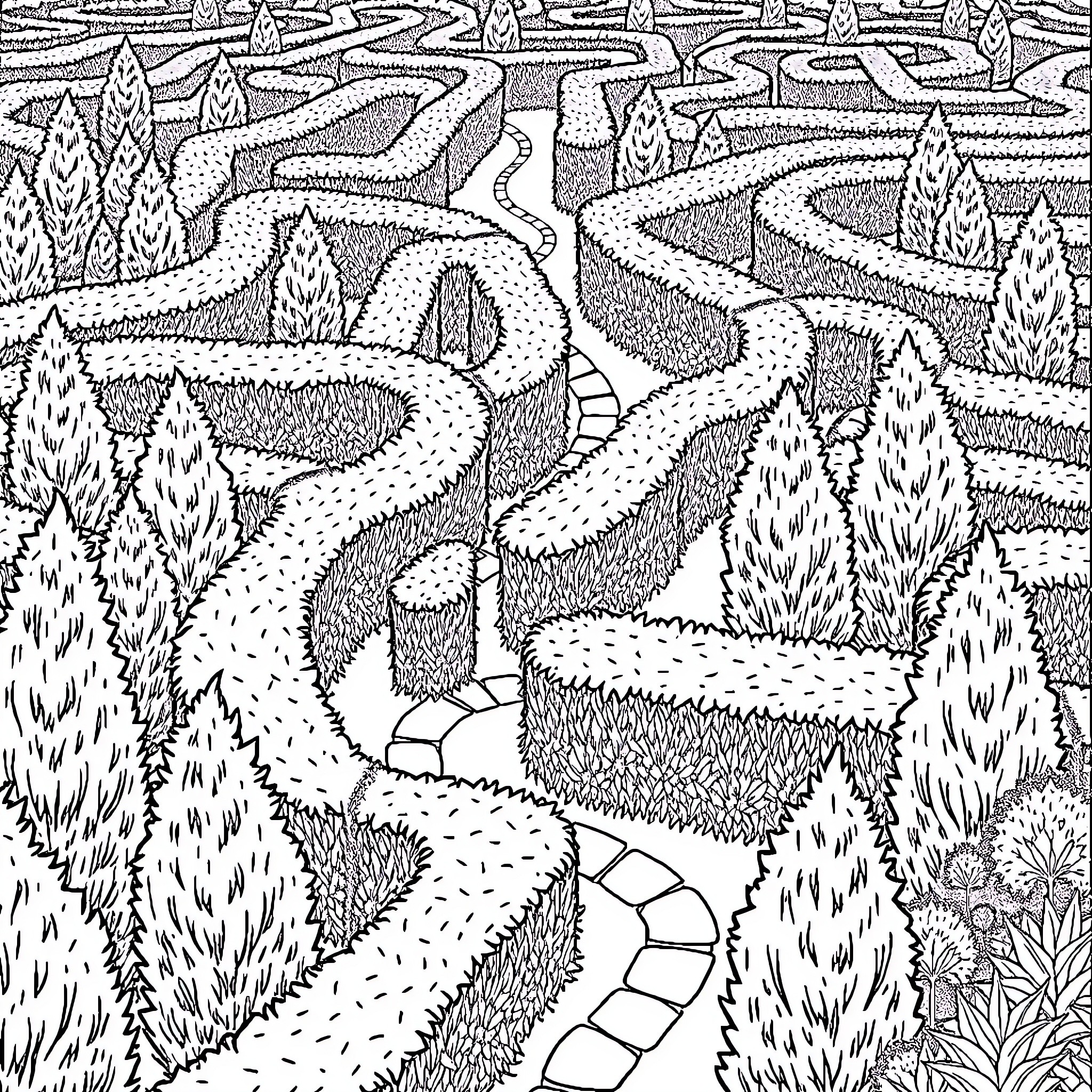 Maze of Winding Paths through a Lush Forest Coloring Page (free black-and-white line drawing printable PDF for all, from beginners to advanced learners, including children, teens, adults, and seniors)