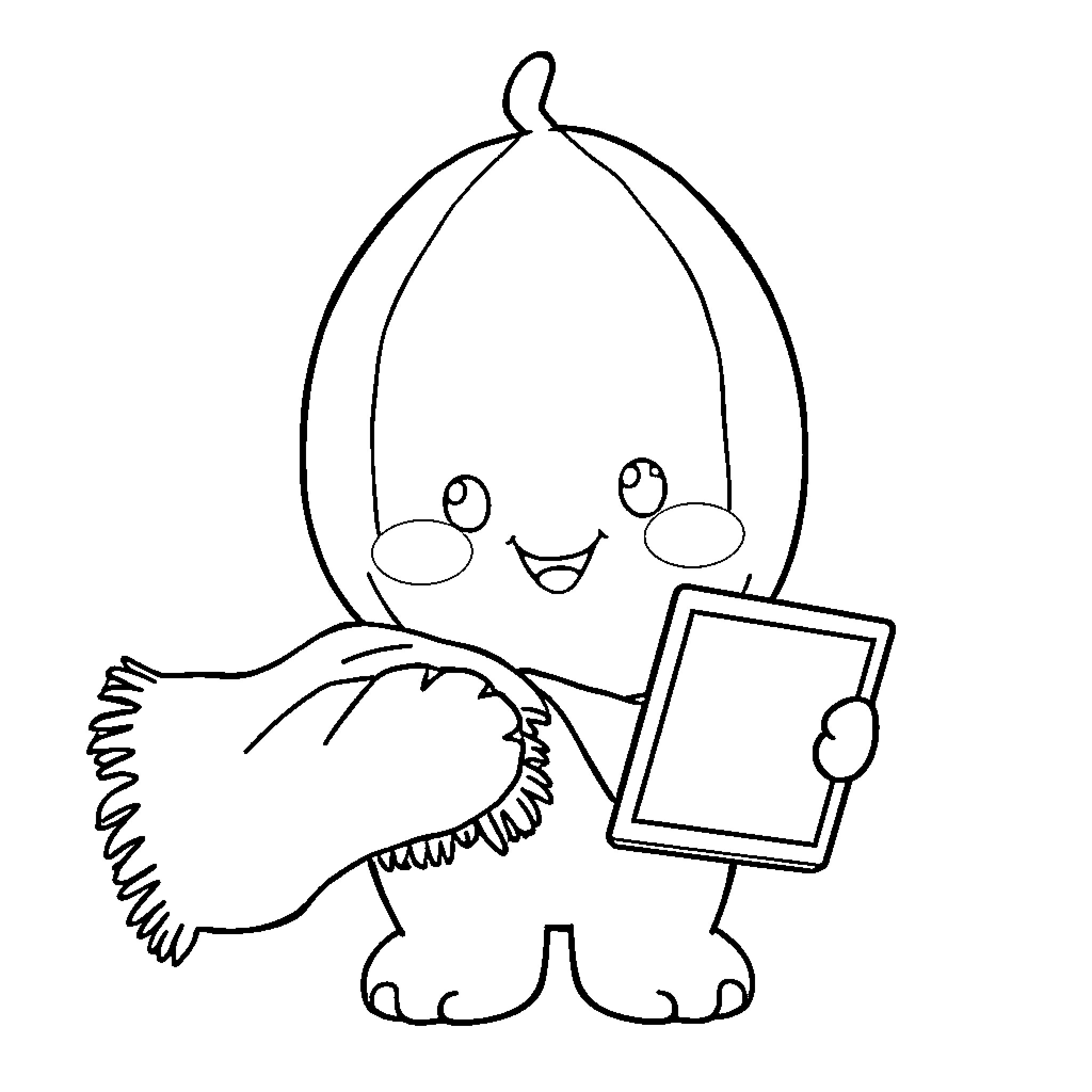 Cocomelon character holding a digital tablet Coloring Page (free black-and-white line drawing printable PDF for all, from beginners to advanced learners, including children, teens, adults, and seniors)