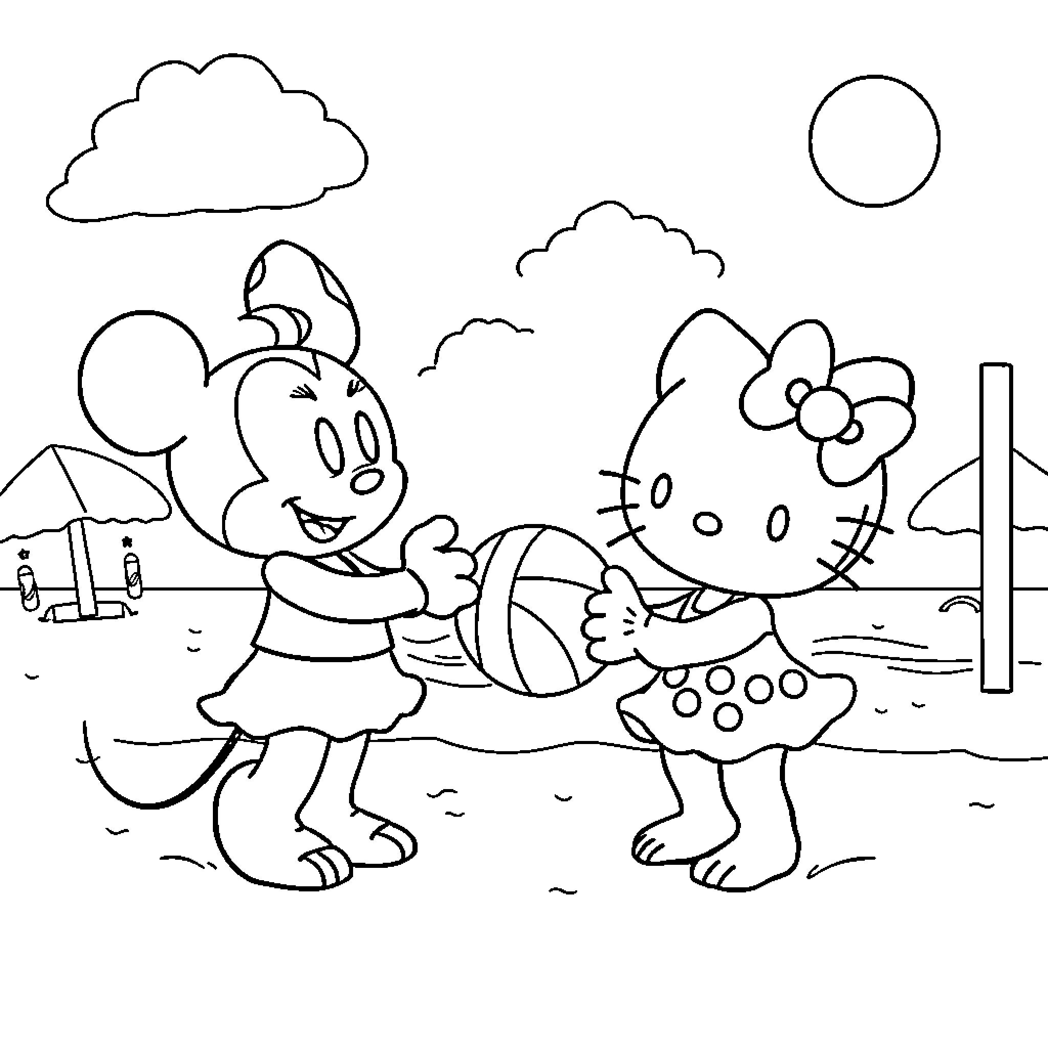 Hello Kitty and Friends Enjoying a Day at the Beach Coloring Page (free black-and-white line drawing printable PDF for all, from beginners to advanced learners, including children, teens, adults, and seniors)