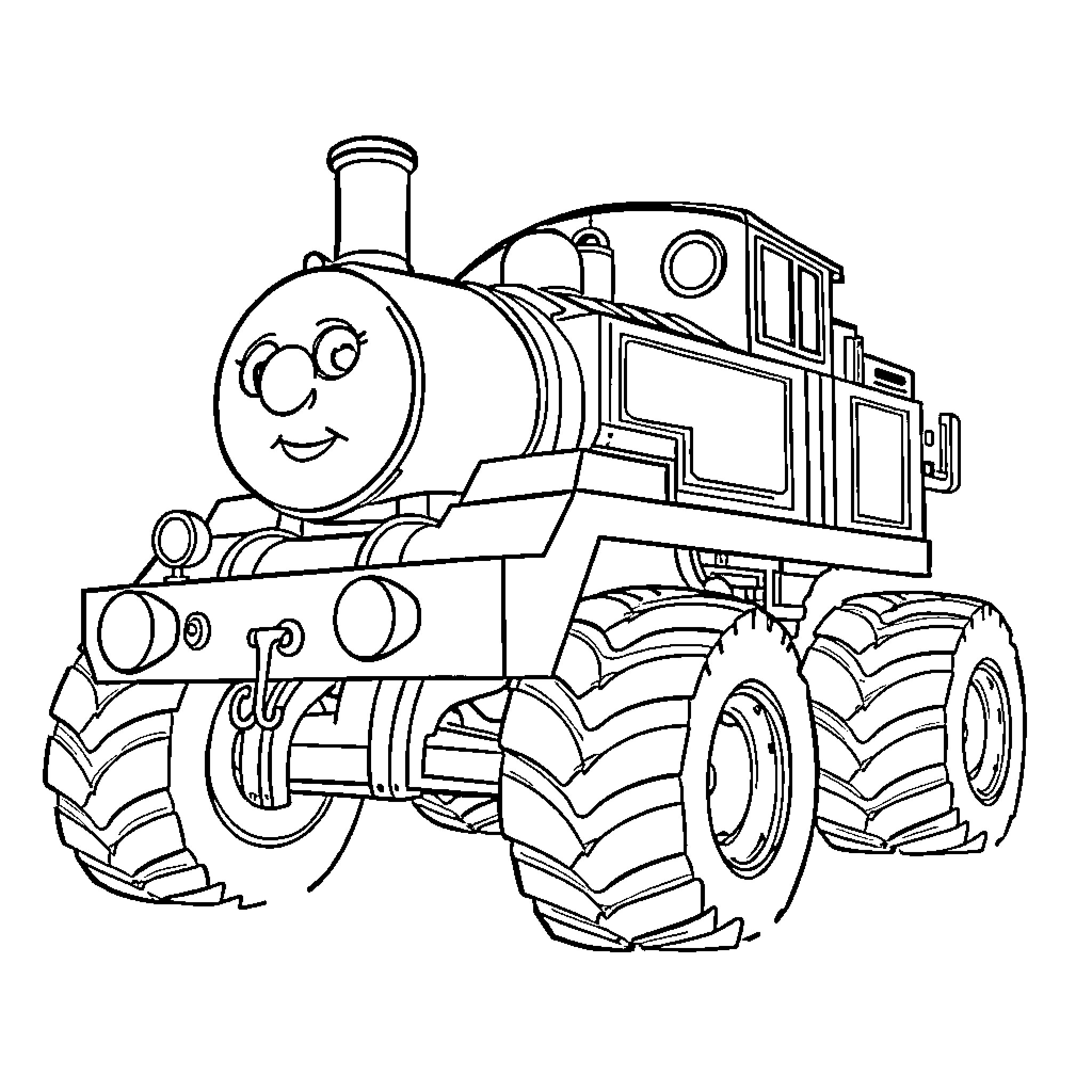 Thomas the Train Engine on the Rails Coloring Page (free black-and-white line drawing printable PDF for all, from beginners to advanced learners, including children, teens, adults, and seniors)