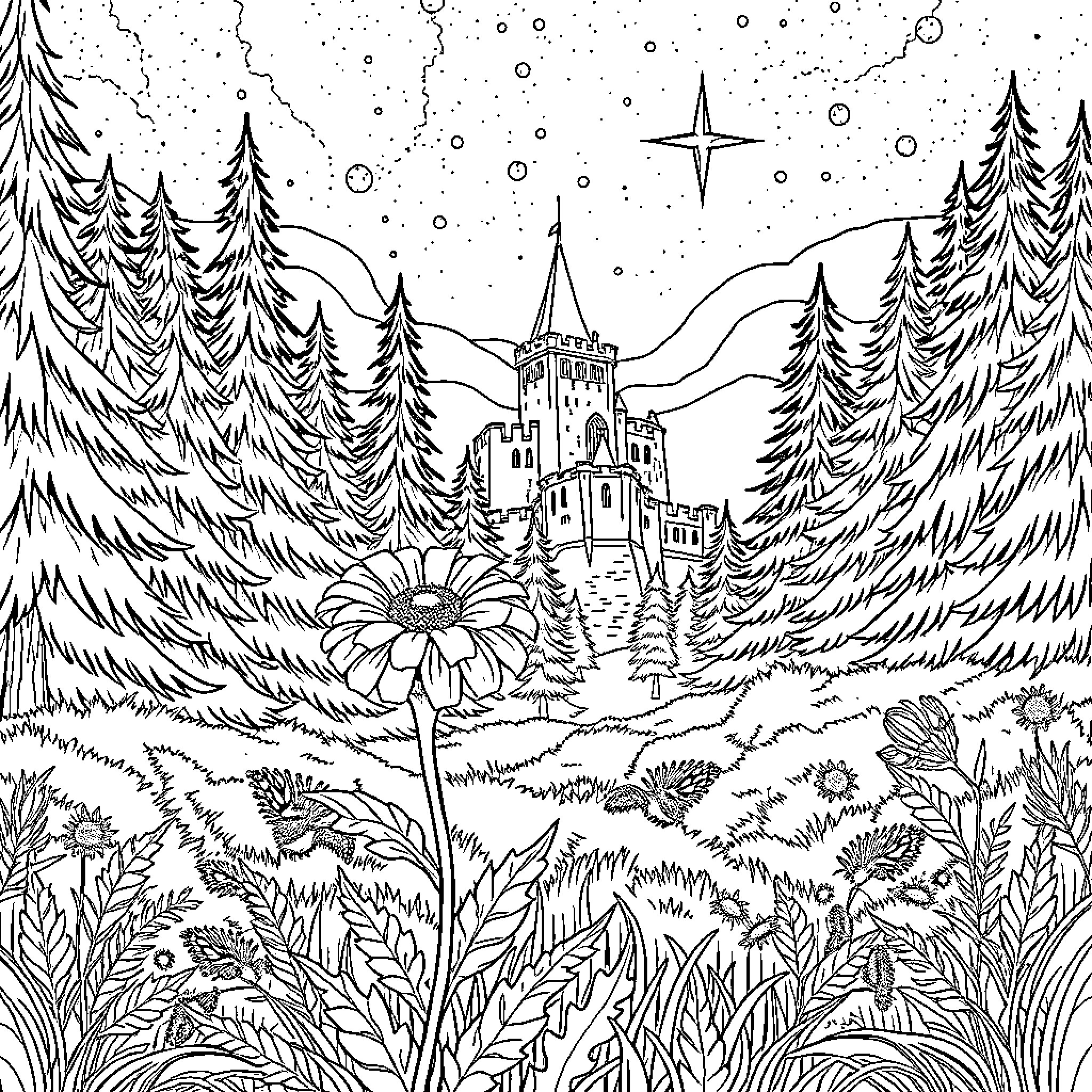 Marigold Castle in Enchanted Winter Landscape Coloring Page (free black-and-white line drawing printable PDF for all, from beginners to advanced learners, including children, teens, adults, and seniors)