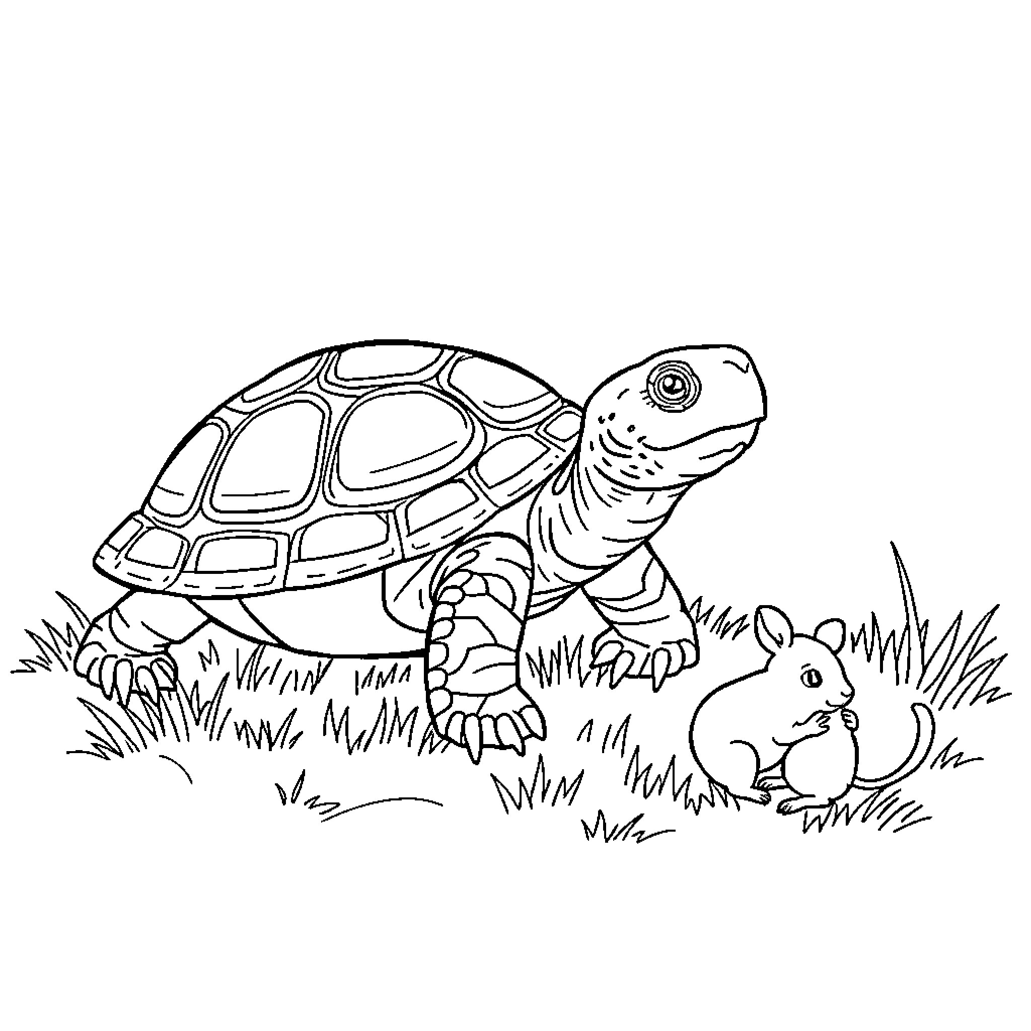 Turtle exploring nature with friendly rodent Coloring Page (free black-and-white line drawing printable PDF for all, from beginners to advanced learners, including children, teens, adults, and seniors)