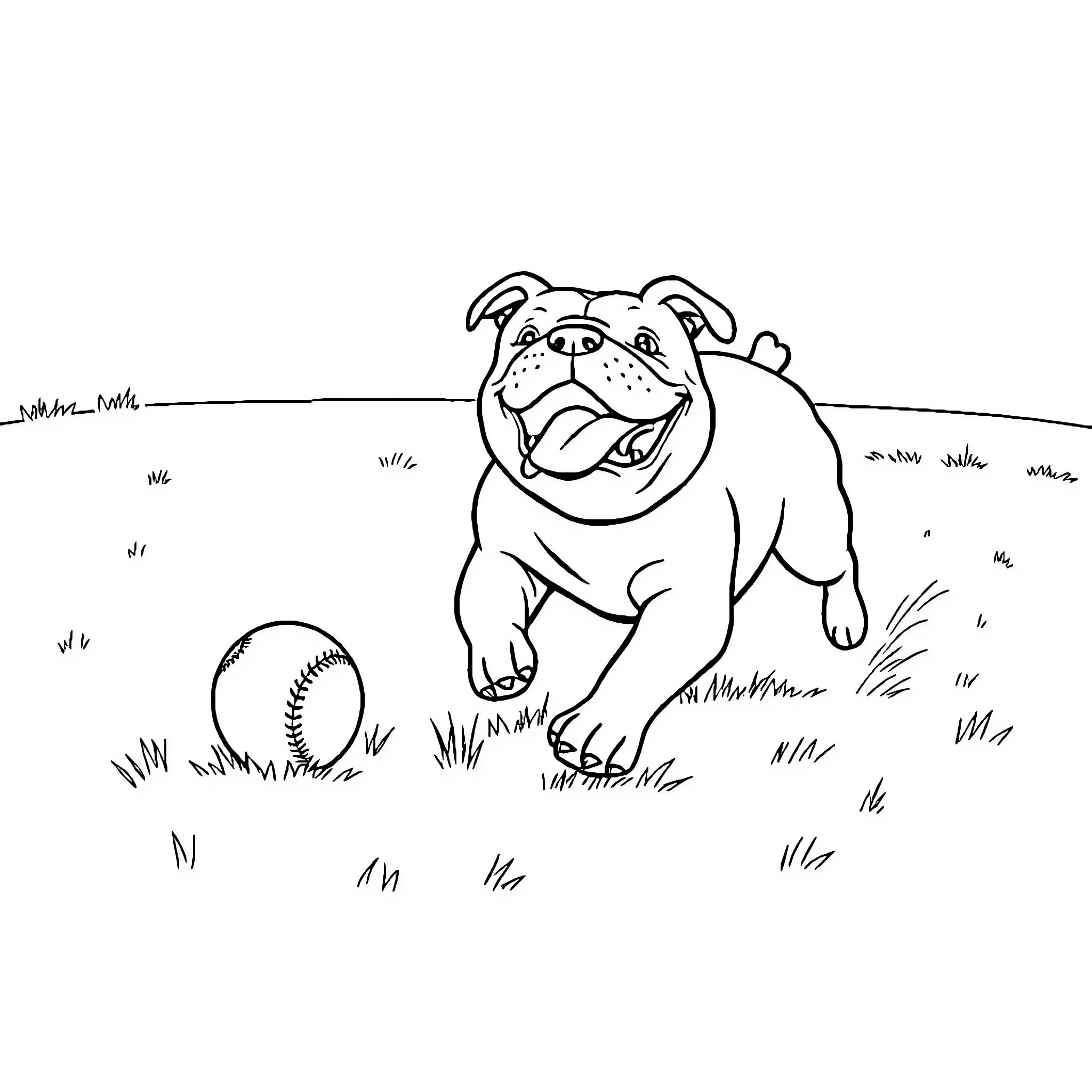 Bulldog playing with a baseball in the park Coloring Page (free black-and-white line drawing printable PDF for all, from beginners to advanced learners, including children, teens, adults, and seniors)