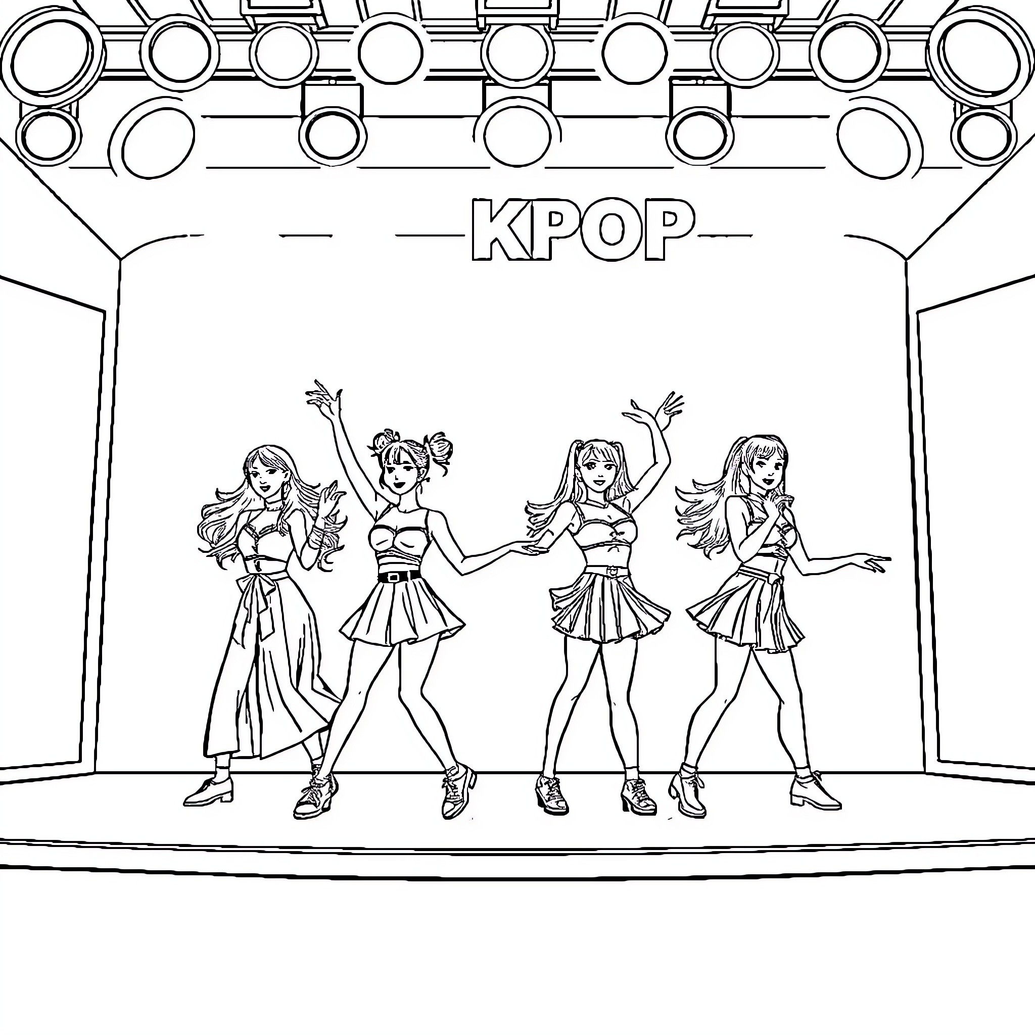 Kpop performers on stage with dynamic poses Coloring Page (free black-and-white line drawing printable PDF for all, from beginners to advanced learners, including children, teens, adults, and seniors)