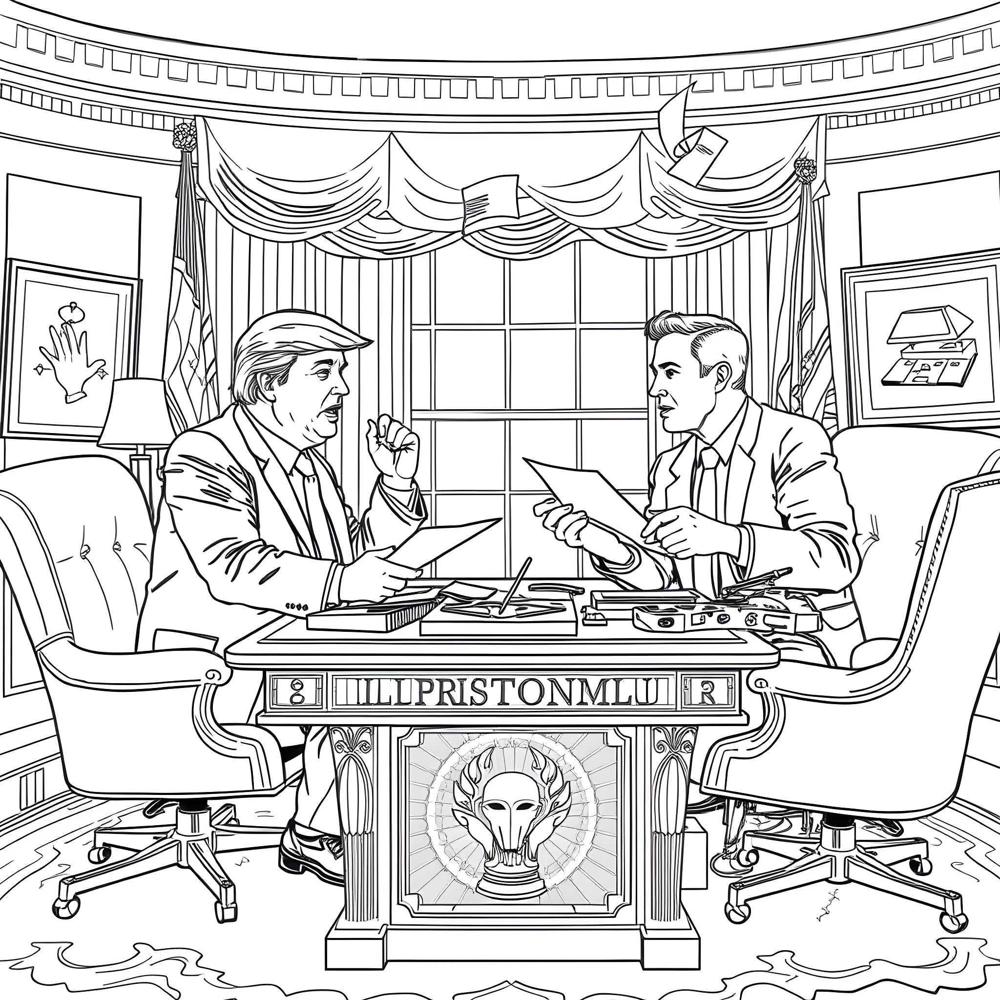 Trump Argues Intensely with Advisor in Oval Office Coloring Page (free black-and-white line drawing printable PDF for all, from beginners to advanced learners, including children, teens, adults, and seniors)