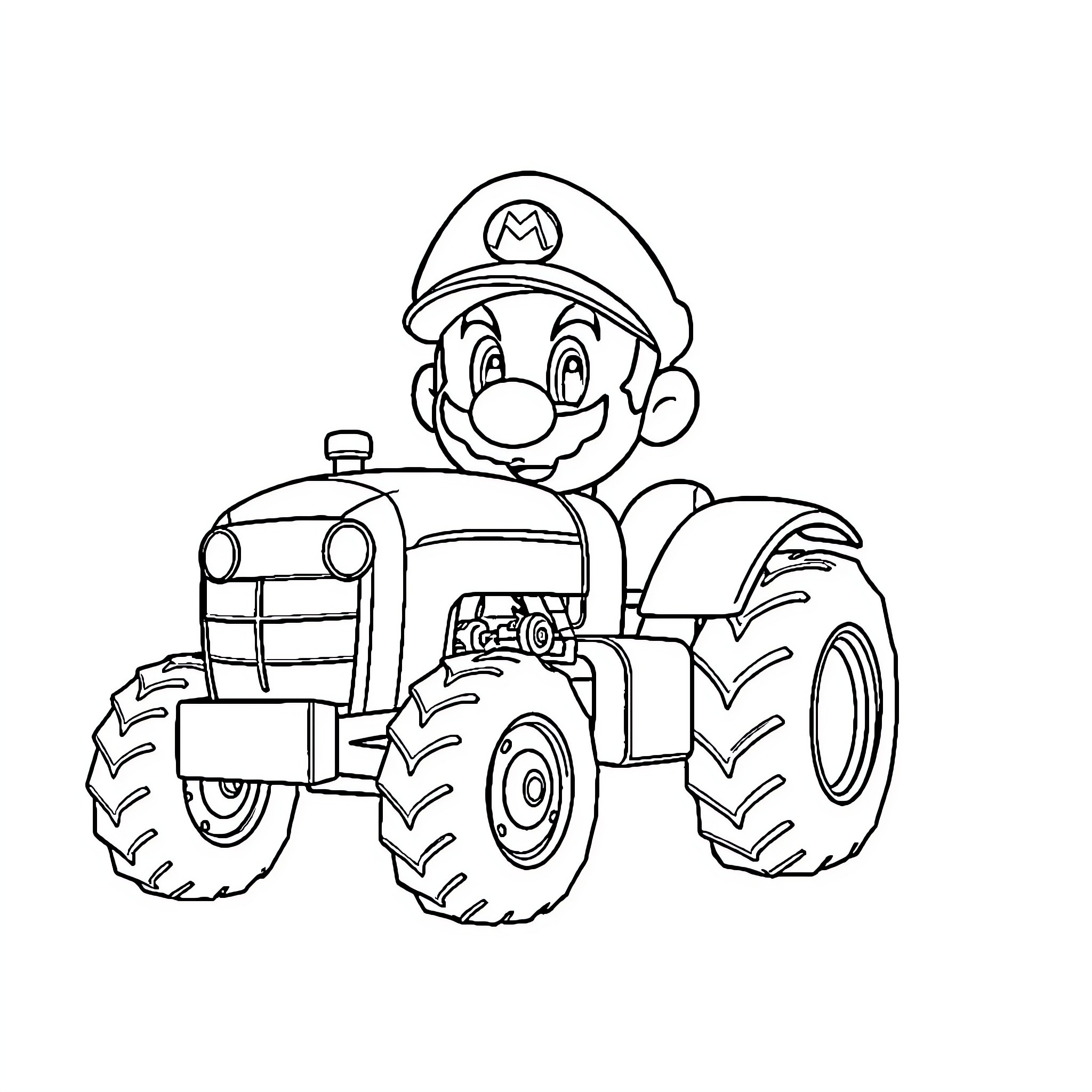 Mario Tractor riding a large farm vehicle Coloring Page (free black-and-white line drawing printable PDF for all, from beginners to advanced learners, including children, teens, adults, and seniors)