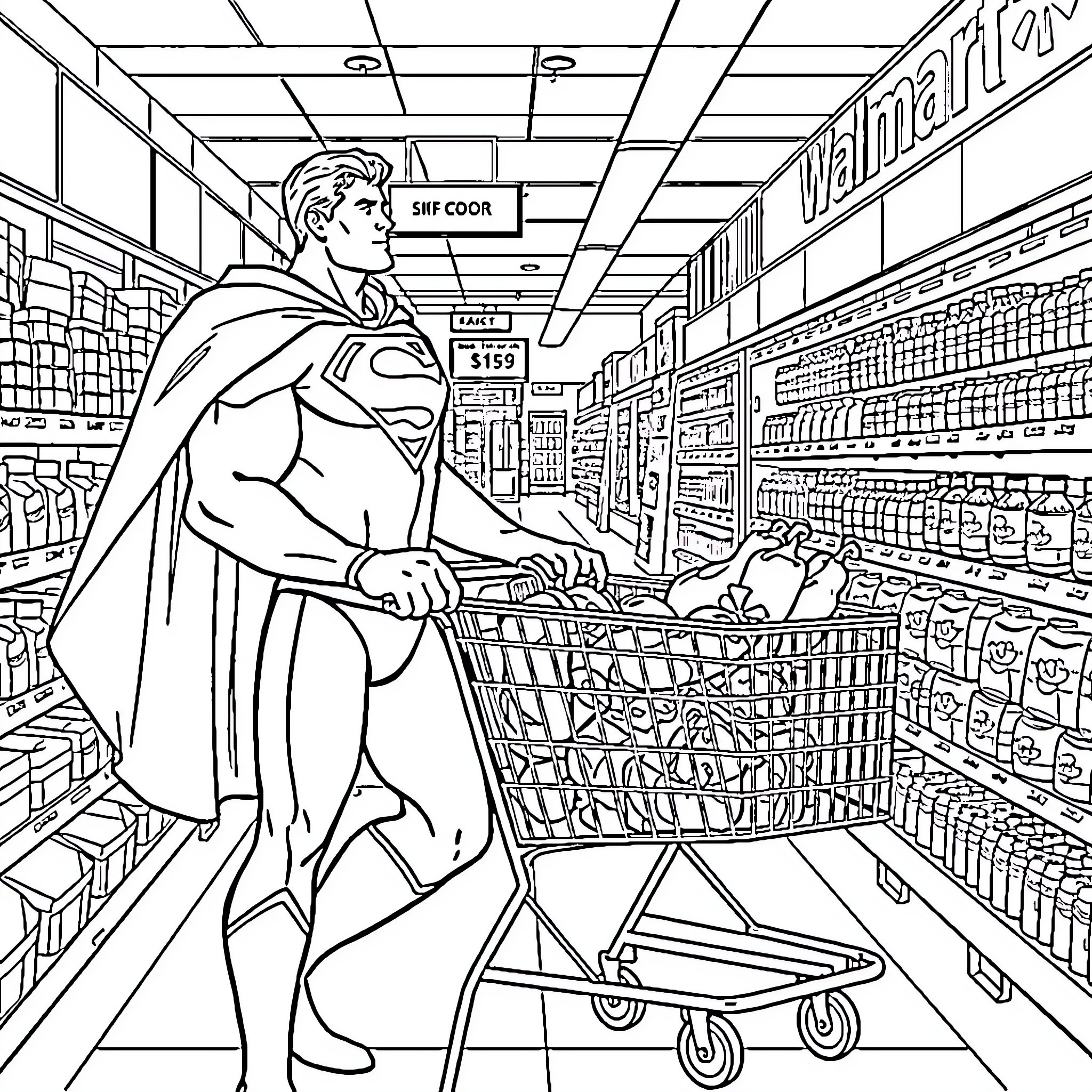Superman's Shopping Trip at the Grocery Store Coloring Page (free black-and-white line drawing printable PDF for all, from beginners to advanced learners, including children, teens, adults, and seniors)