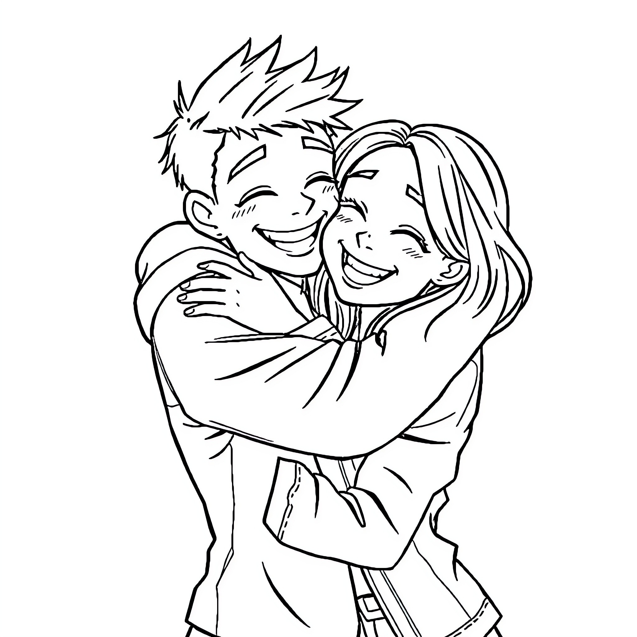 Hugging couple expressing joy and affection Coloring Page (free black-and-white line drawing printable PDF for all, from beginners to advanced learners, including children, teens, adults, and seniors)