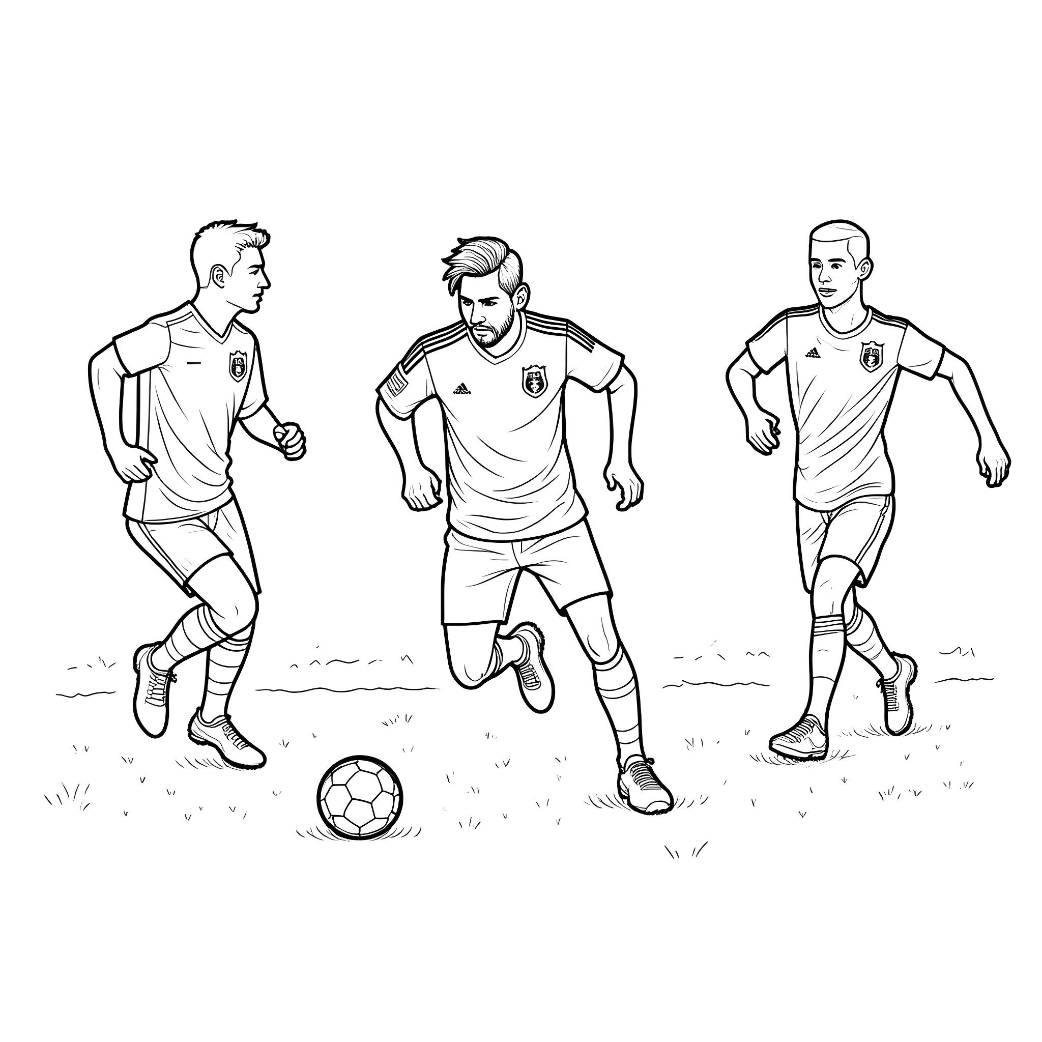 Messi and teammates playing soccer on field Coloring Page (free black-and-white line drawing printable PDF for all, from beginners to advanced learners, including children, teens, adults, and seniors)