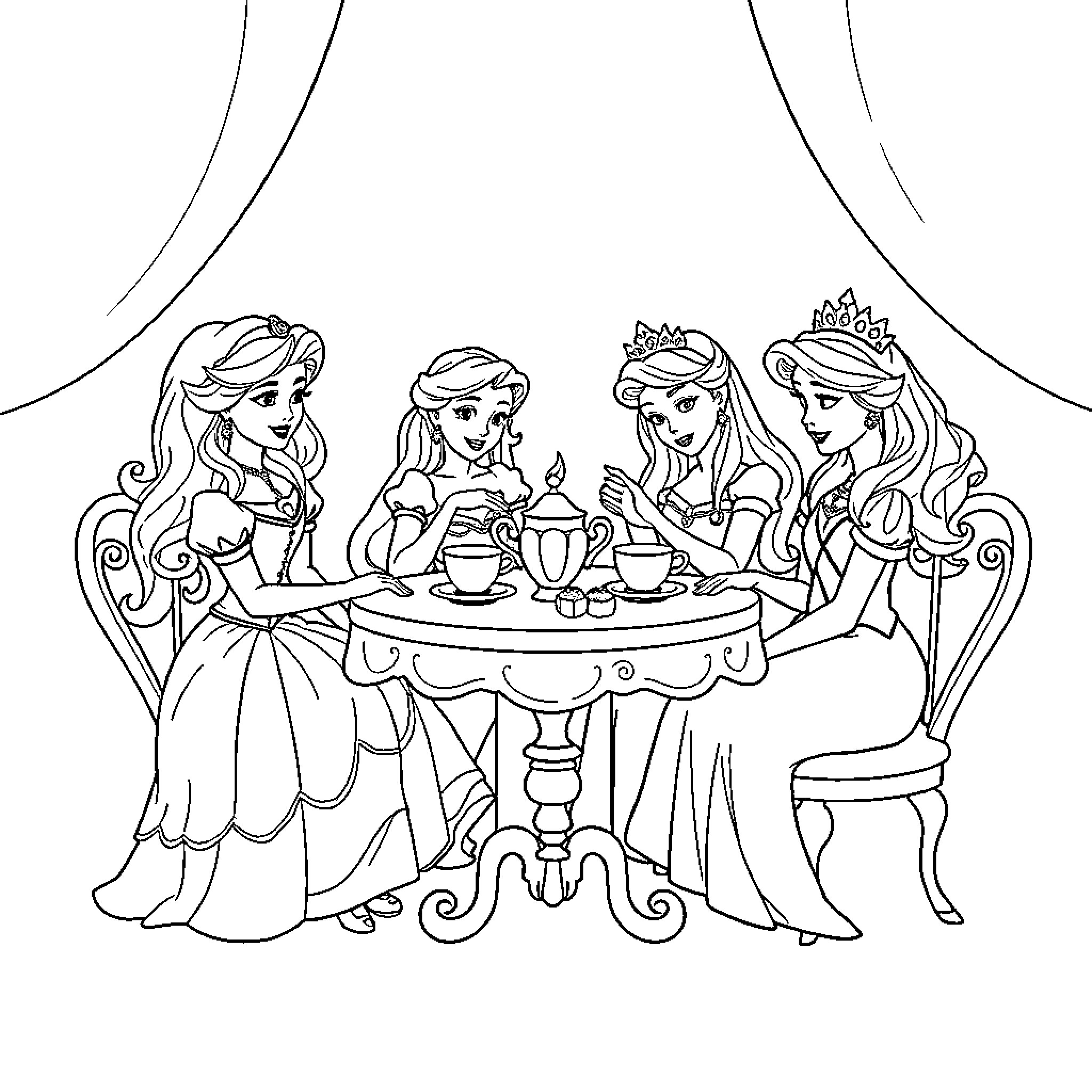 Princesses Enjoying a Tea Party Coloring Page (free black-and-white line drawing printable PDF for all, from beginners to advanced learners, including children, teens, adults, and seniors)