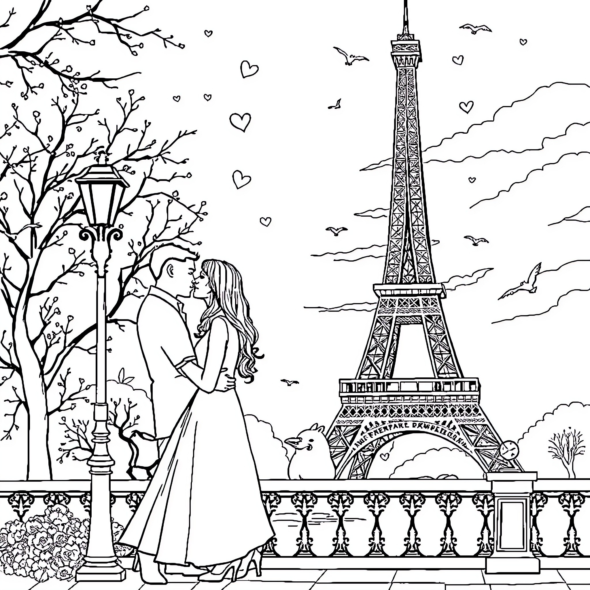 Paris Lovers' Embrace at the Eiffel Tower Coloring Page (free black-and-white line drawing printable PDF for all, from beginners to advanced learners, including children, teens, adults, and seniors)