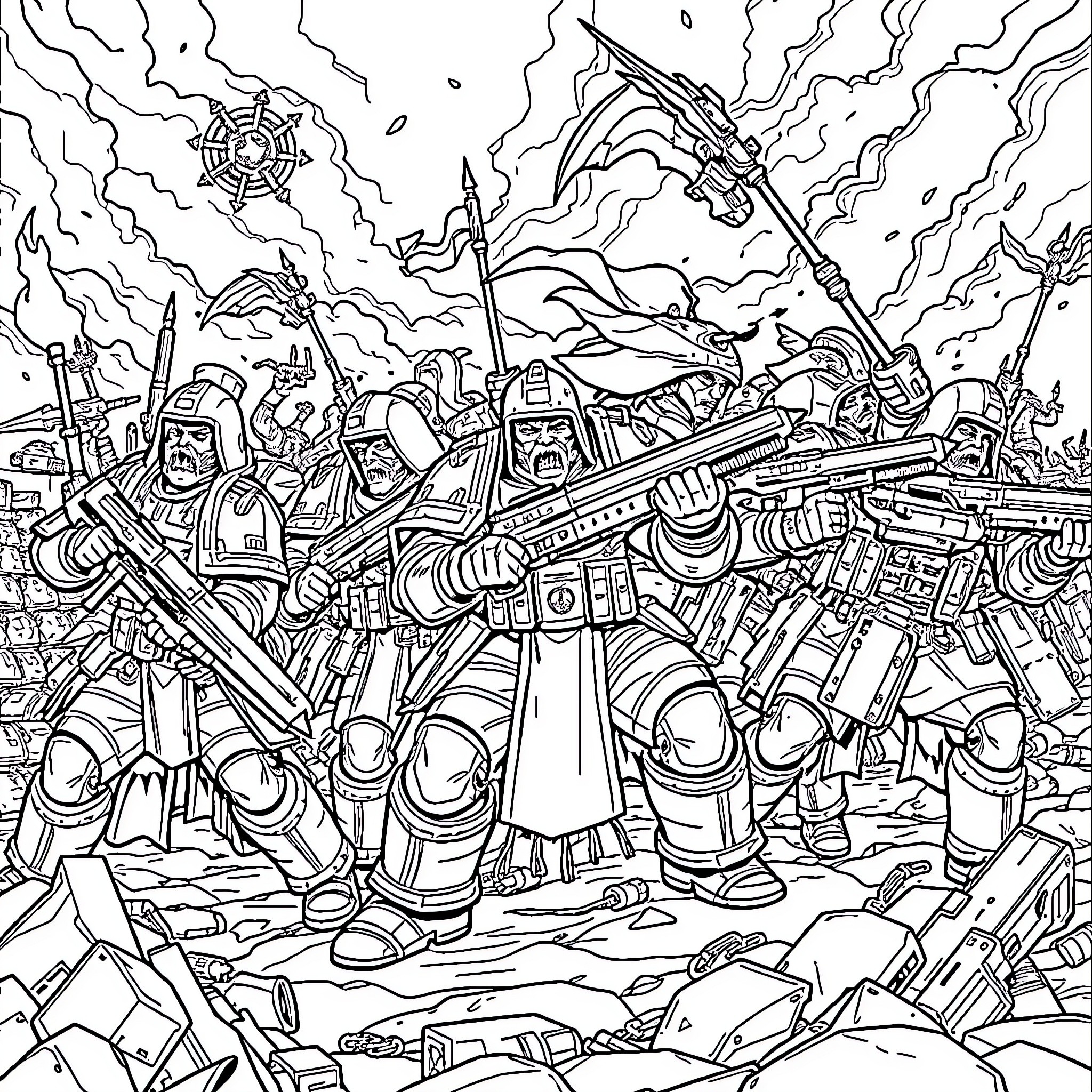 Warhammer Epic Battle of Futuristic Armored Soldiers Coloring Page (free black-and-white line drawing printable PDF for all, from beginners to advanced learners, including children, teens, adults, and seniors)