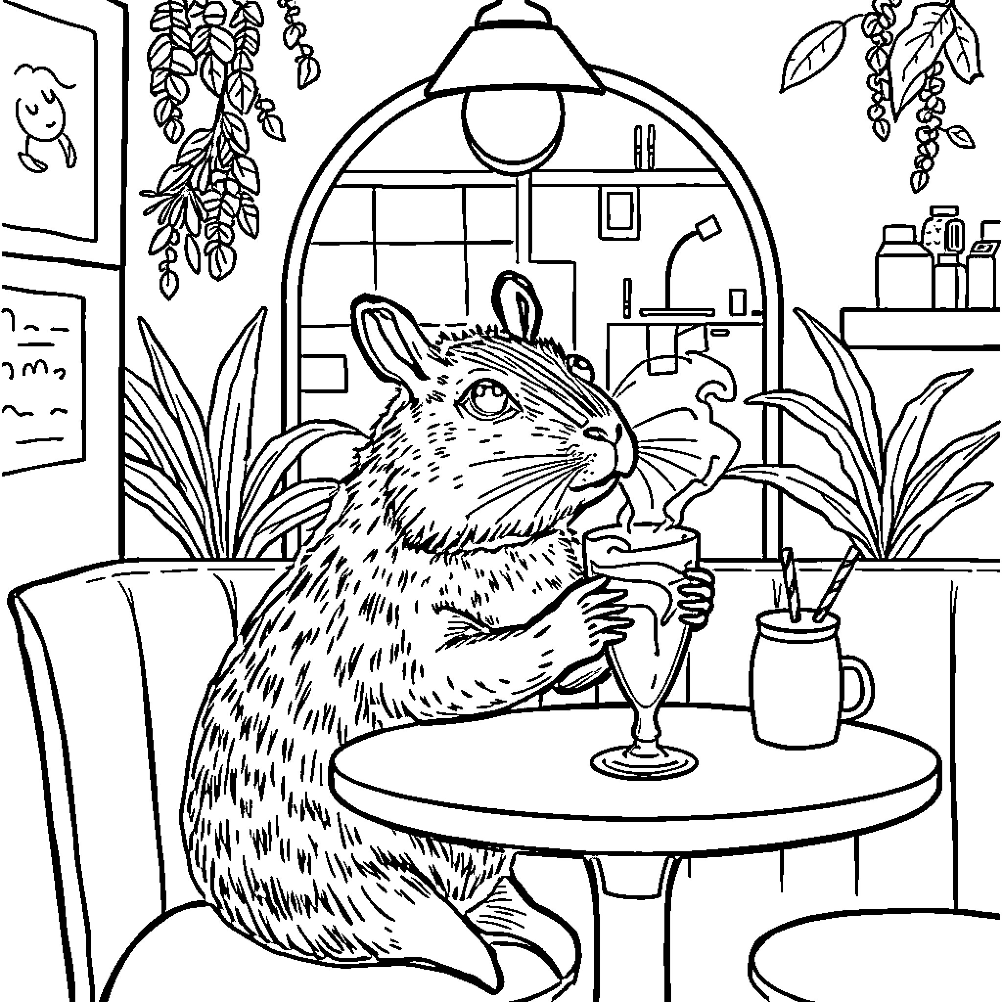 Capybara enjoying a relaxing drink in a cozy home Coloring Page (free black-and-white line drawing printable PDF for all, from beginners to advanced learners, including children, teens, adults, and seniors)