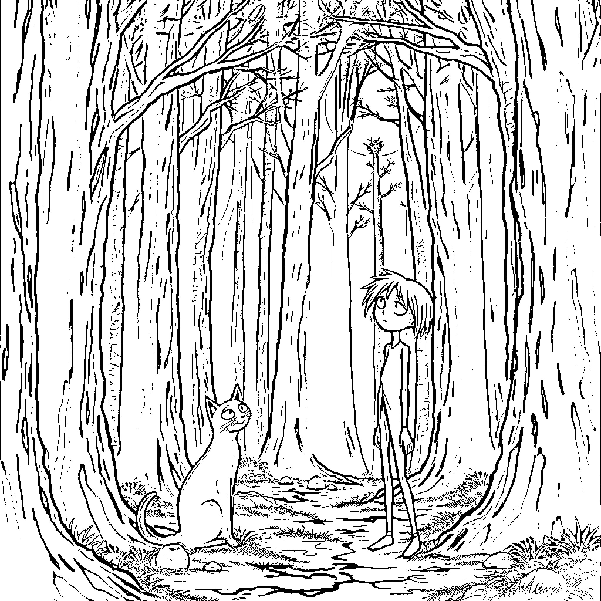 Coraline exploring the mysterious forest with her companion Coloring Page (free black-and-white line drawing printable PDF for all, from beginners to advanced learners, including children, teens, adults, and seniors)