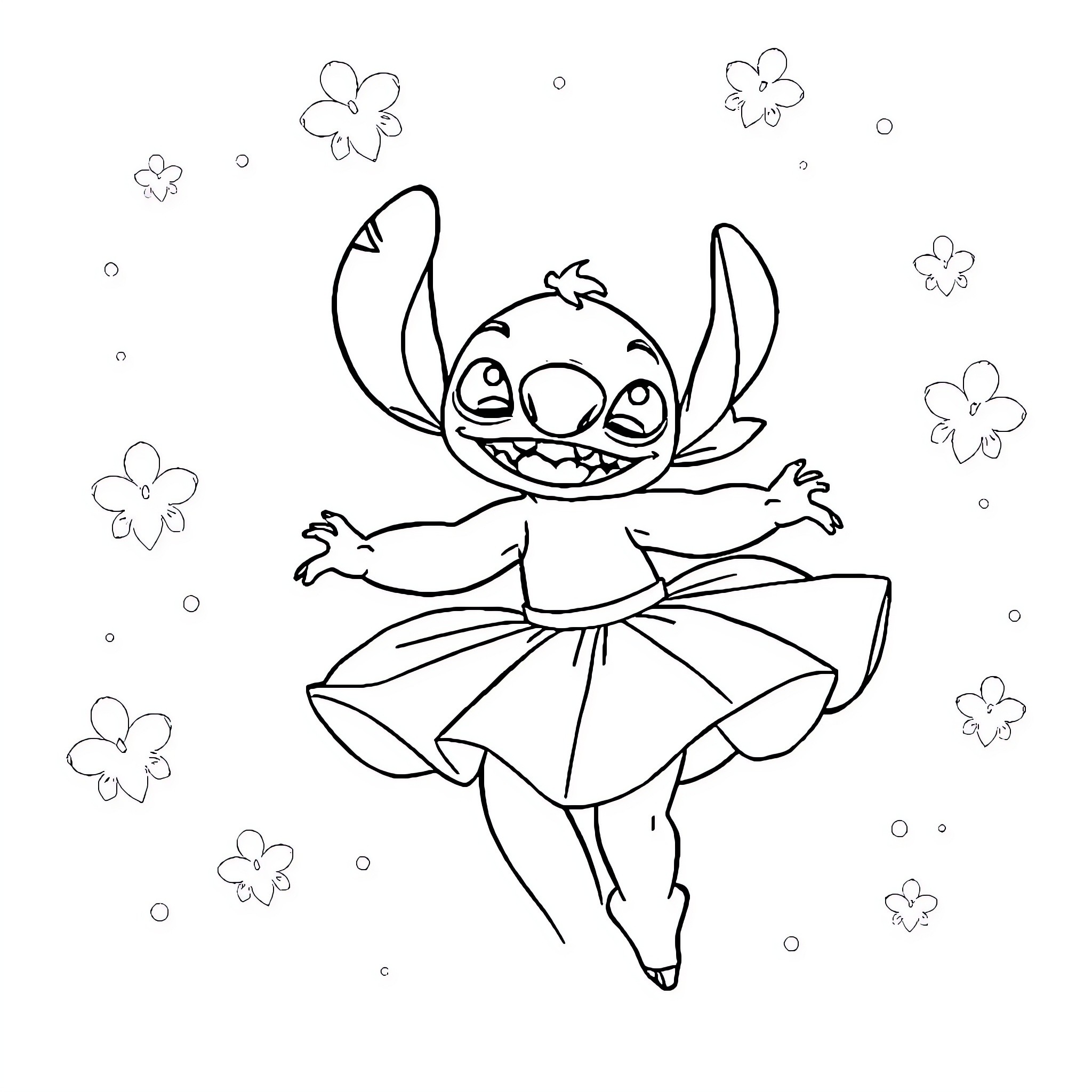 Stitch dancing with flowers Coloring Page (free black-and-white line drawing printable PDF for all, from beginners to advanced learners, including children, teens, adults, and seniors)