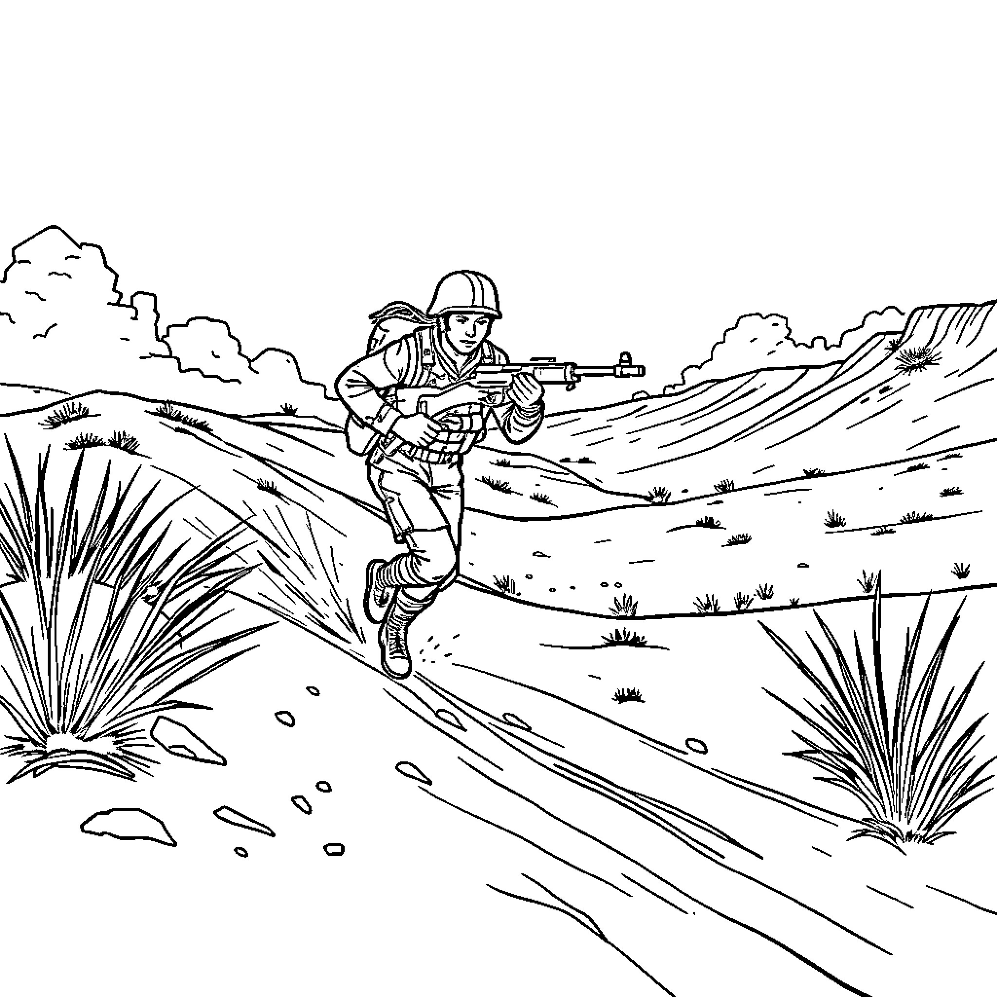 Army Man in Action on Desert Terrain Coloring Page (free black-and-white line drawing printable PDF for all, from beginners to advanced learners, including children, teens, adults, and seniors)