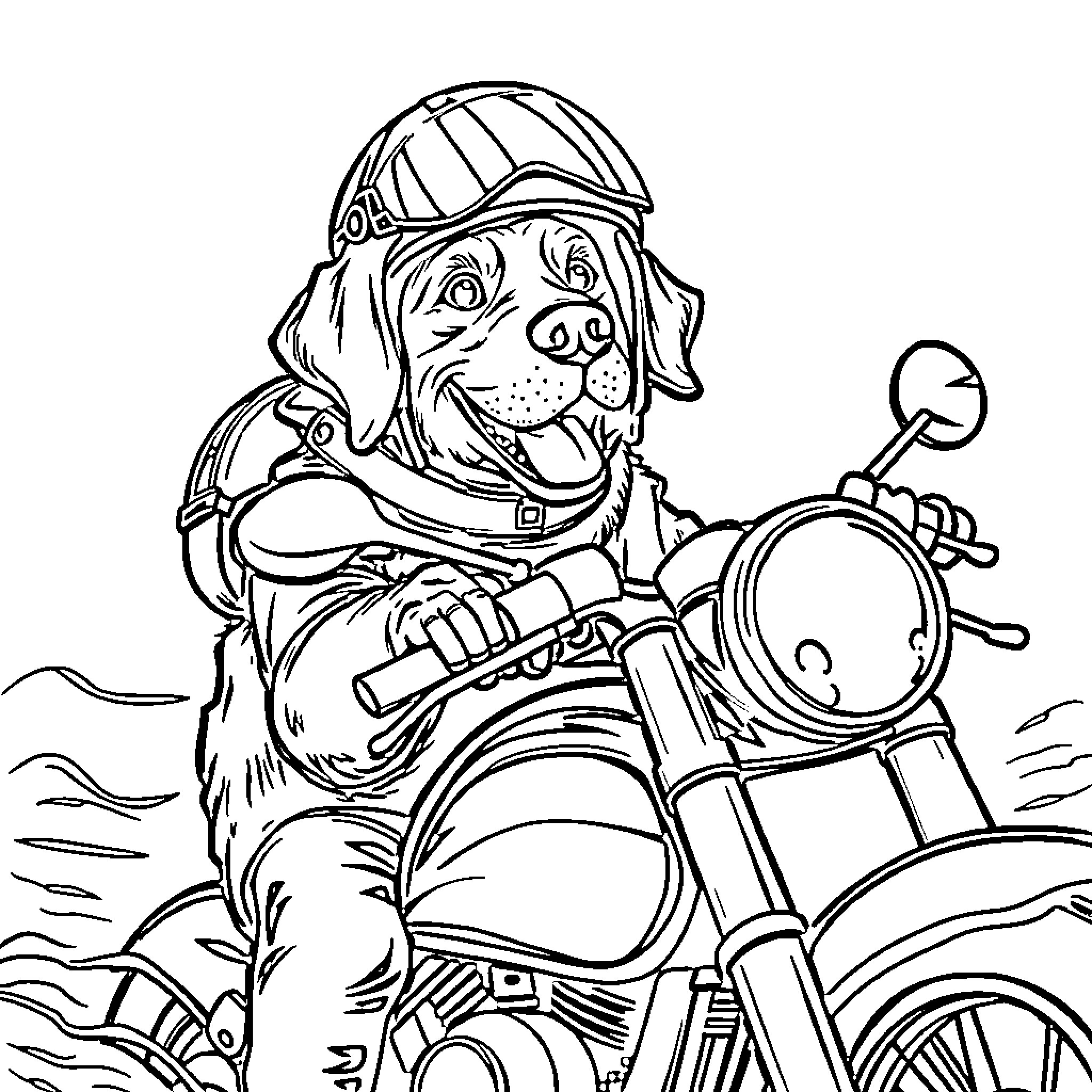 Labrador Riding Motorcycle on the Road Coloring Page (free black-and-white line drawing printable PDF for all, from beginners to advanced learners, including children, teens, adults, and seniors)
