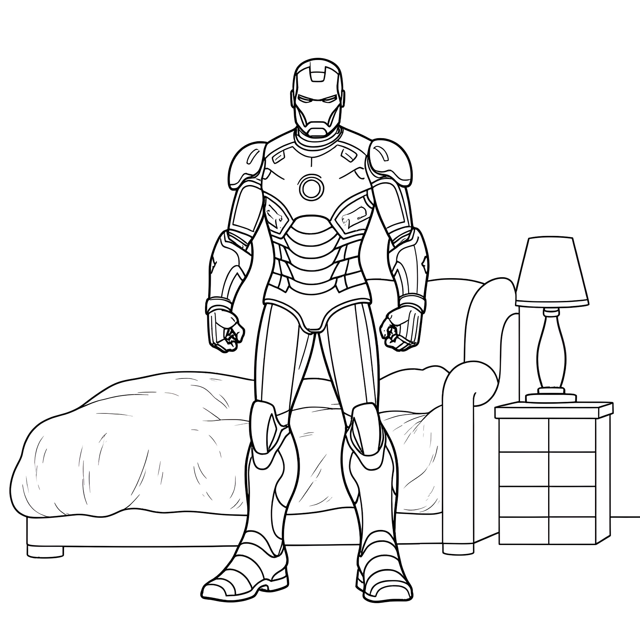 Iron Man standing in bedroom with furniture Coloring Page (free black-and-white line drawing printable PDF for all, from beginners to advanced learners, including children, teens, adults, and seniors)