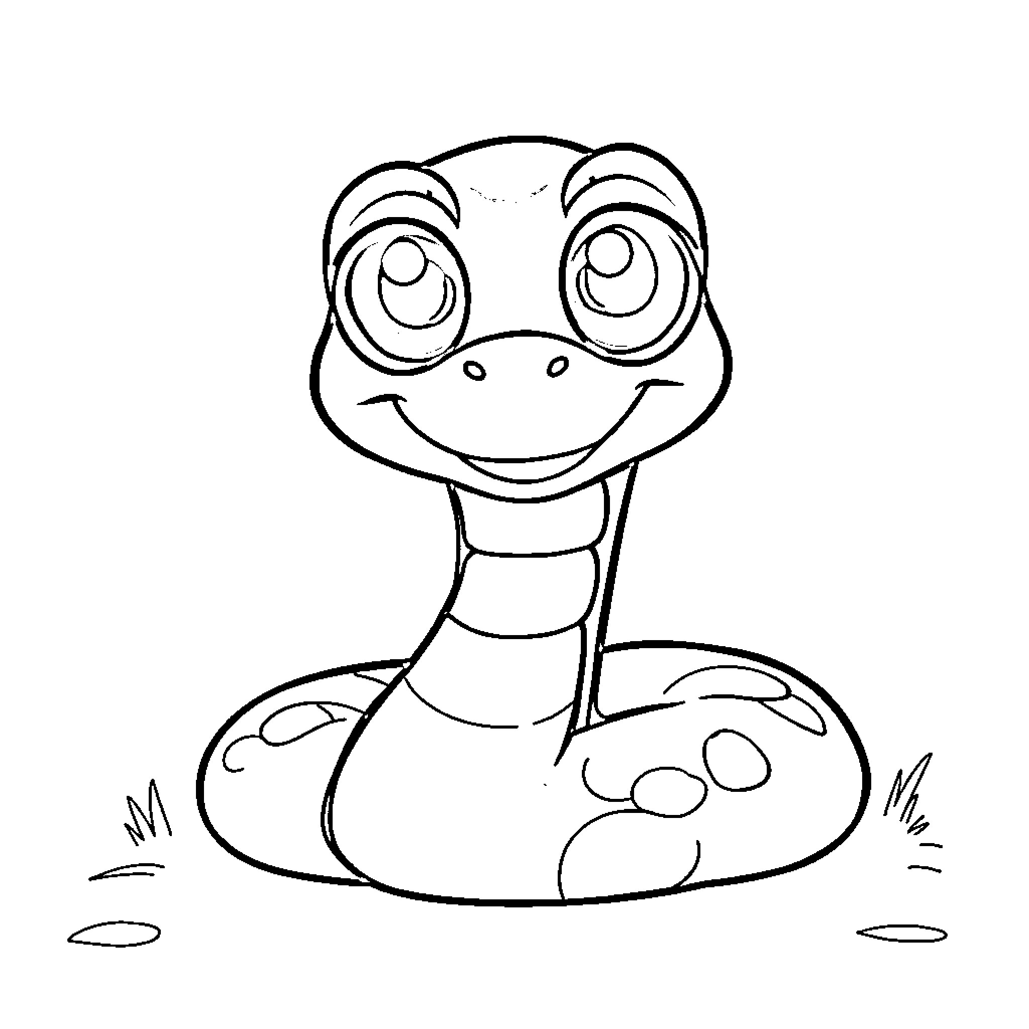 Snake with big eyes resting on the ground Coloring Page (free black-and-white line drawing printable PDF for all, from beginners to advanced learners, including children, teens, adults, and seniors)