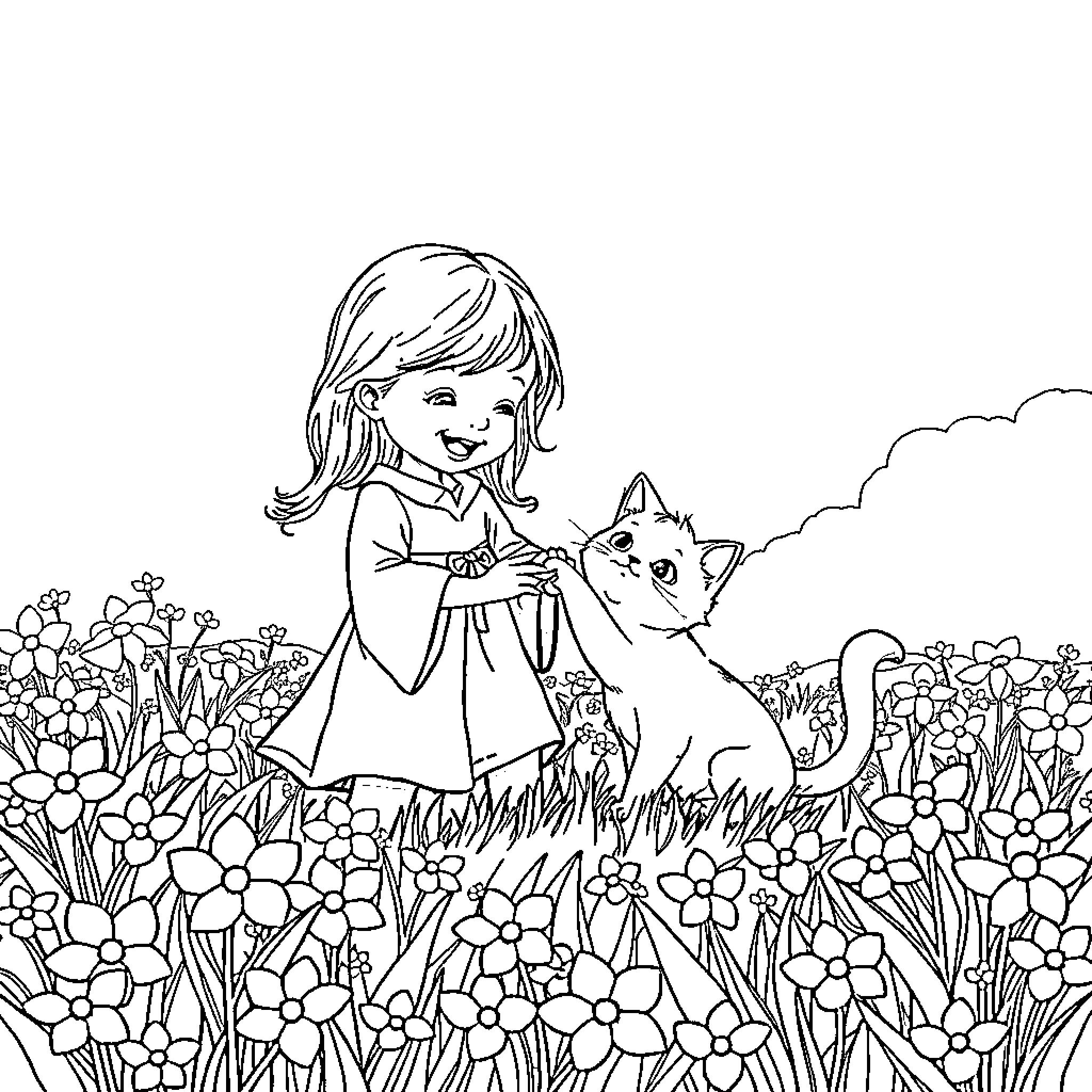 Fille playing with pet cat in floral meadow Coloring Page (free black-and-white line drawing printable PDF for all, from beginners to advanced learners, including children, teens, adults, and seniors)