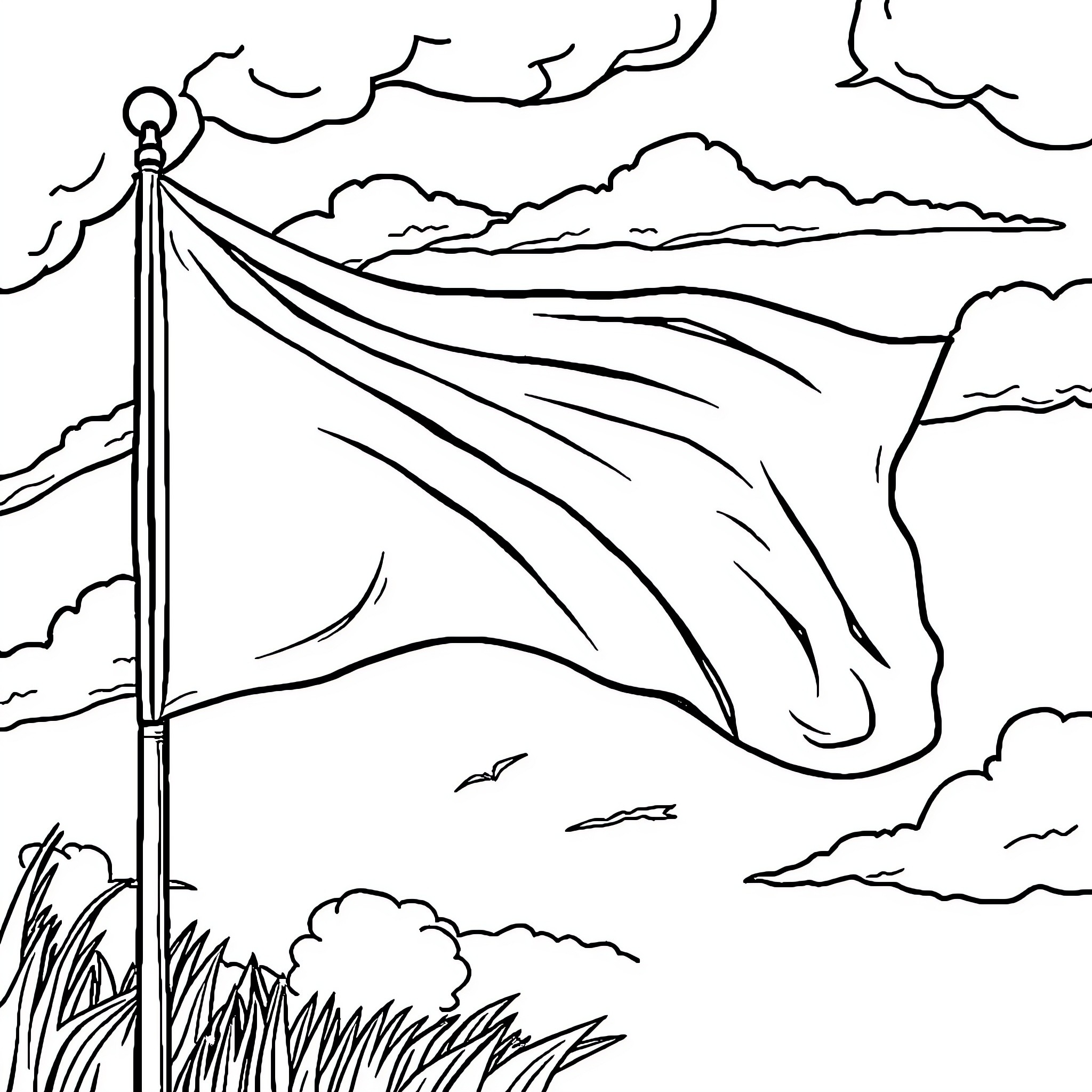 Flag waving in the stormy landscape Coloring Page (free black-and-white line drawing printable PDF for all, from beginners to advanced learners, including children, teens, adults, and seniors)